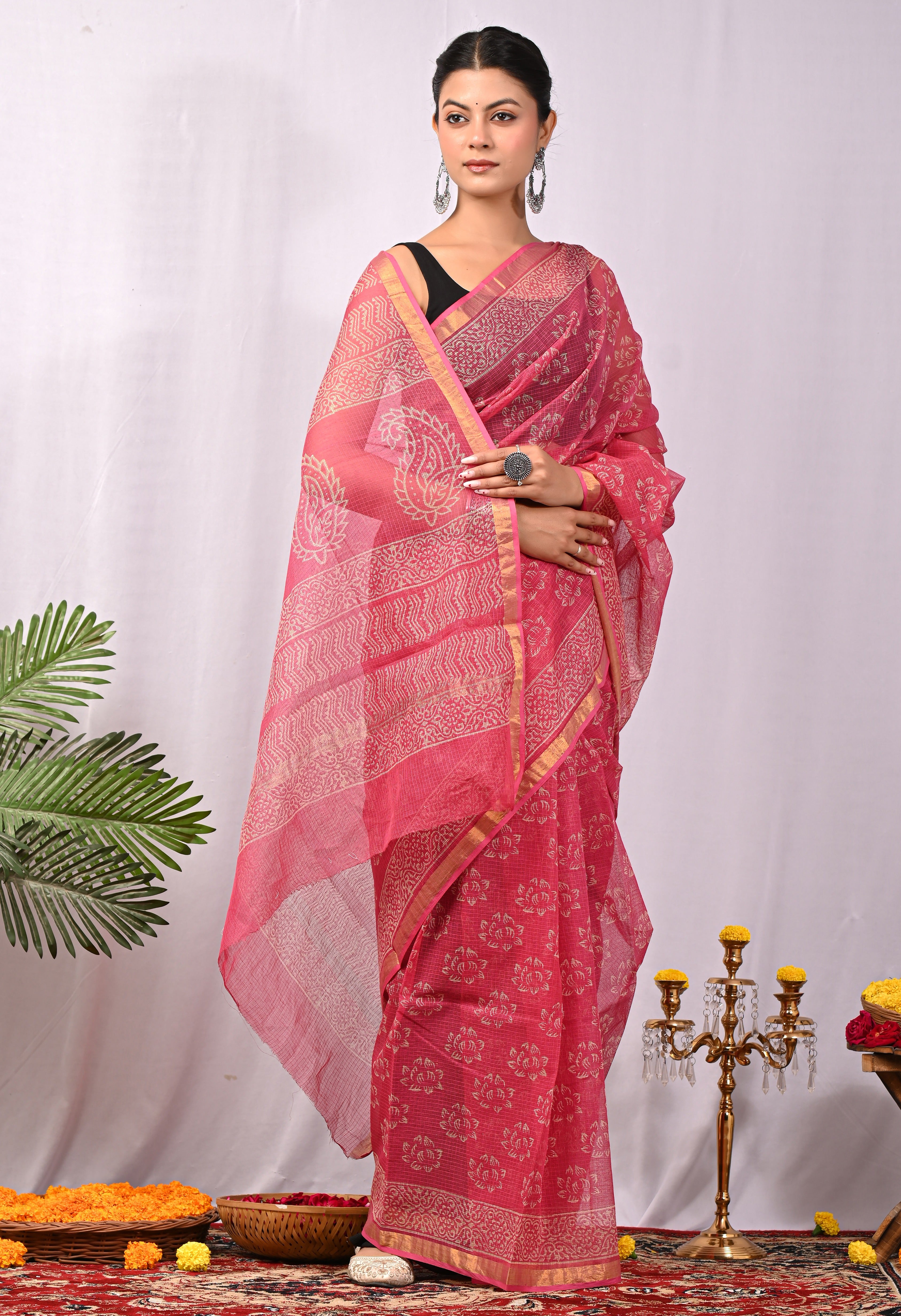 Hand-Printed Kota Doria Saree - Fuchsia Cotton Silk