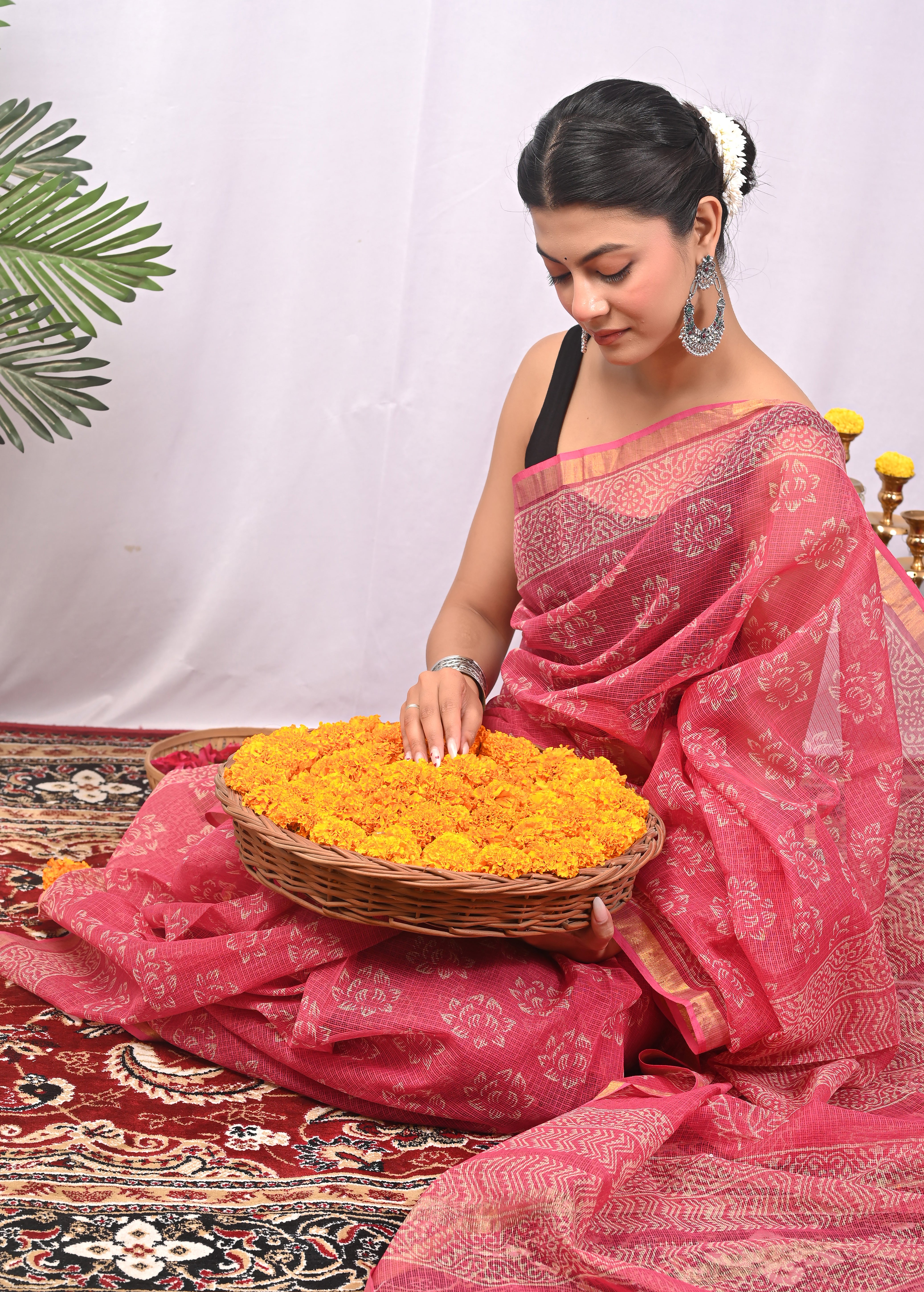 Hand-Printed Kota Doria Saree - Fuchsia Cotton Silk