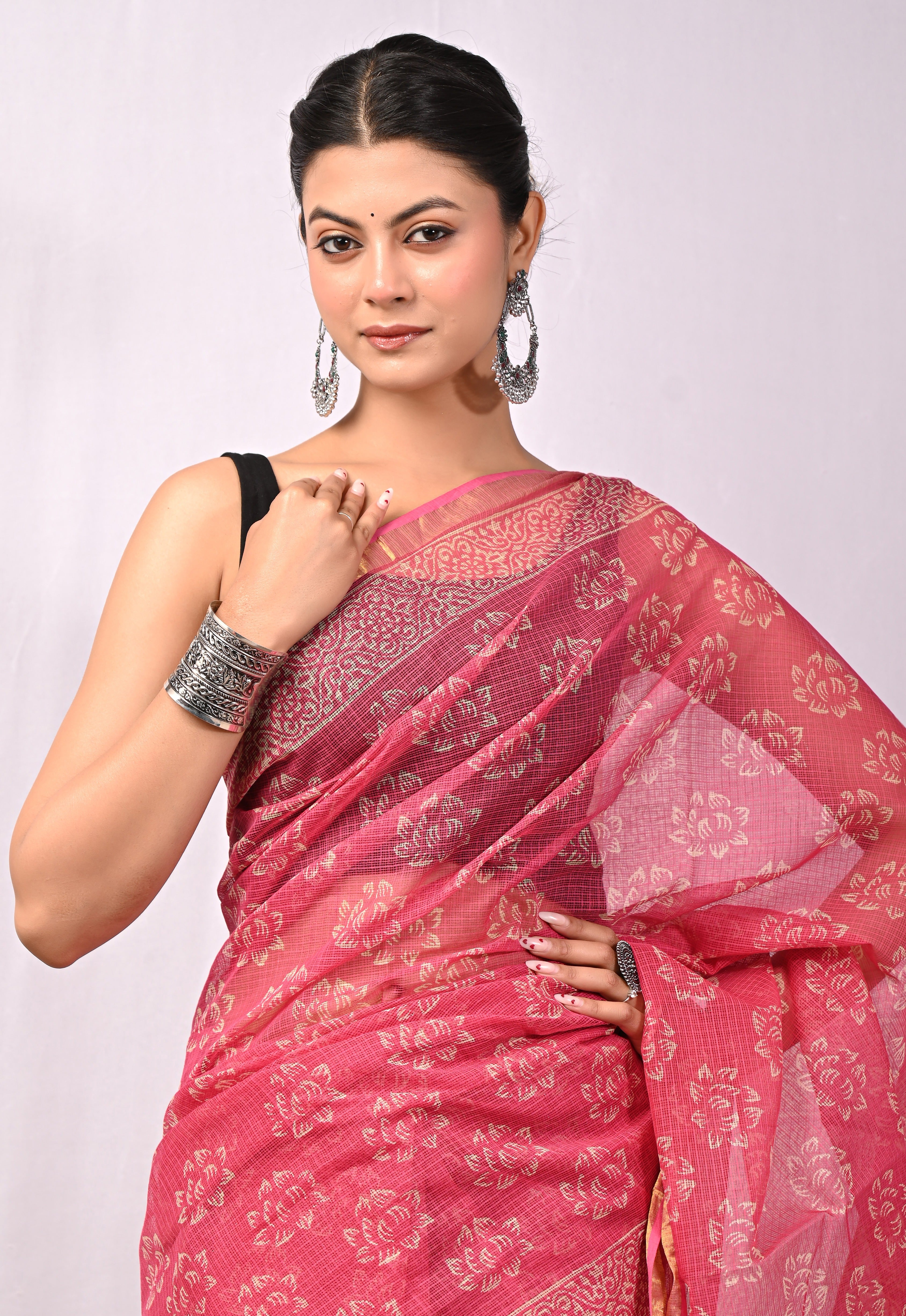 Hand-Printed Kota Doria Saree - Fuchsia Cotton Silk