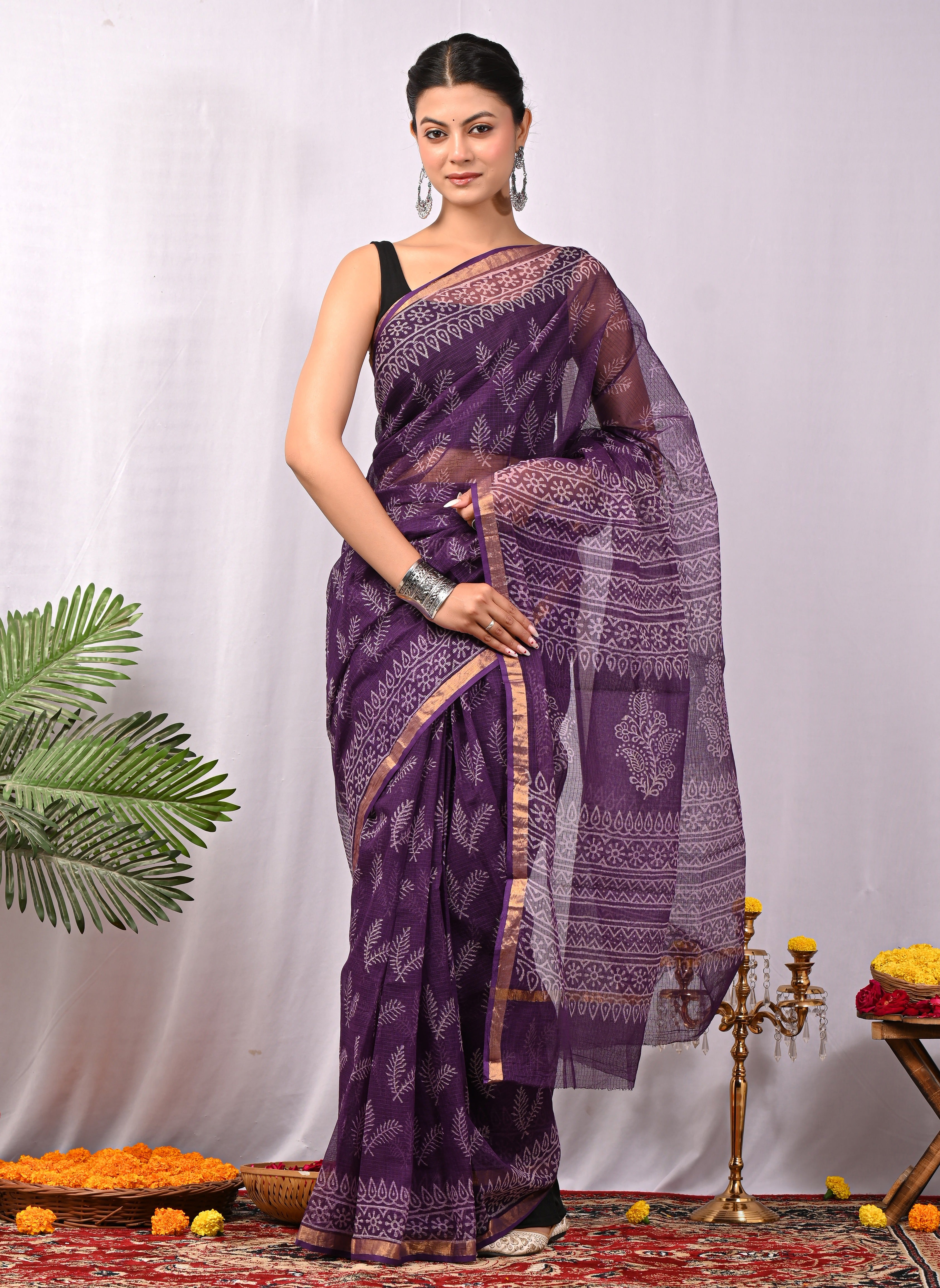 Hand-Printed Kota Doria Saree - Purple Cotton Silk