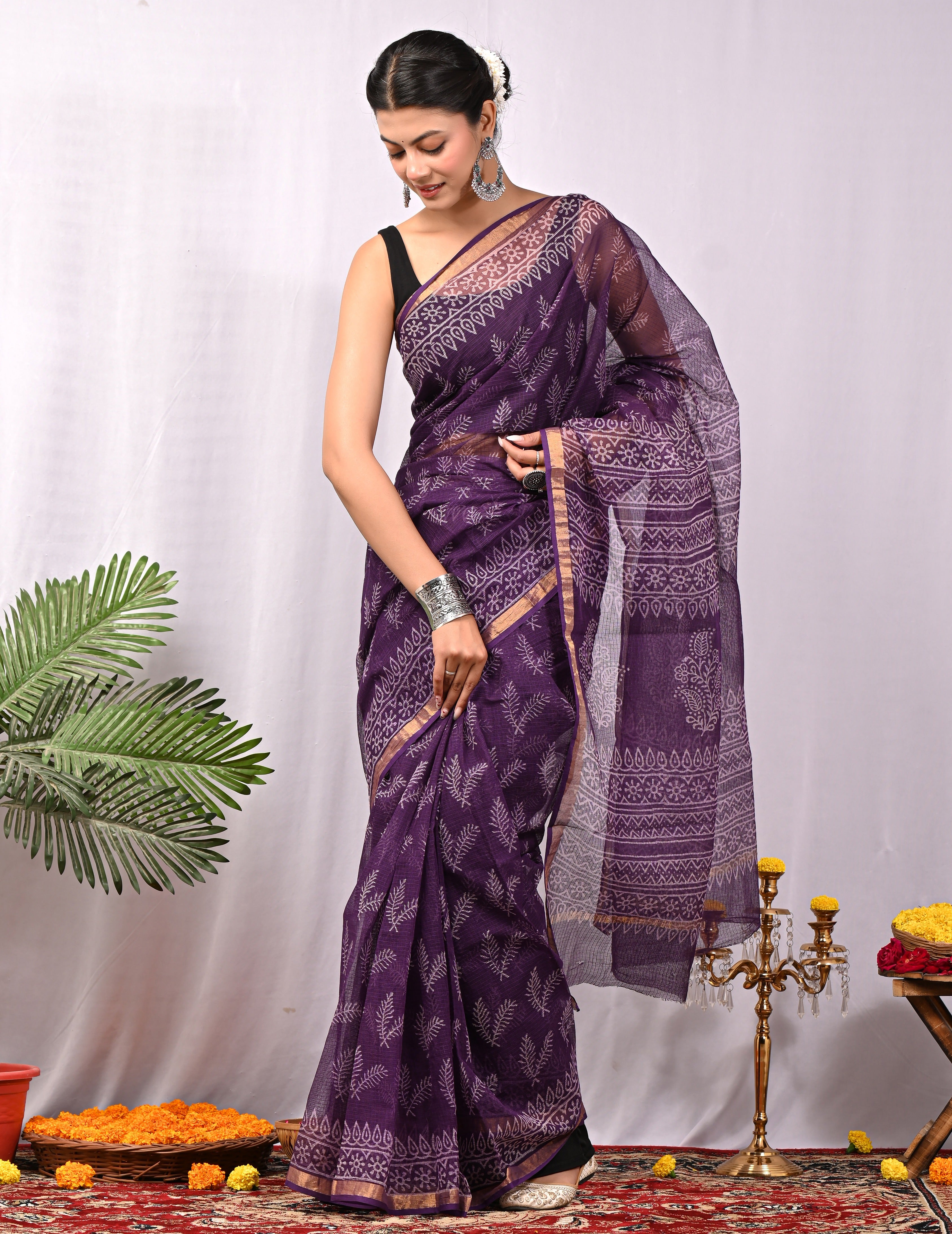 Hand-Printed Kota Doria Saree - Purple Cotton Silk