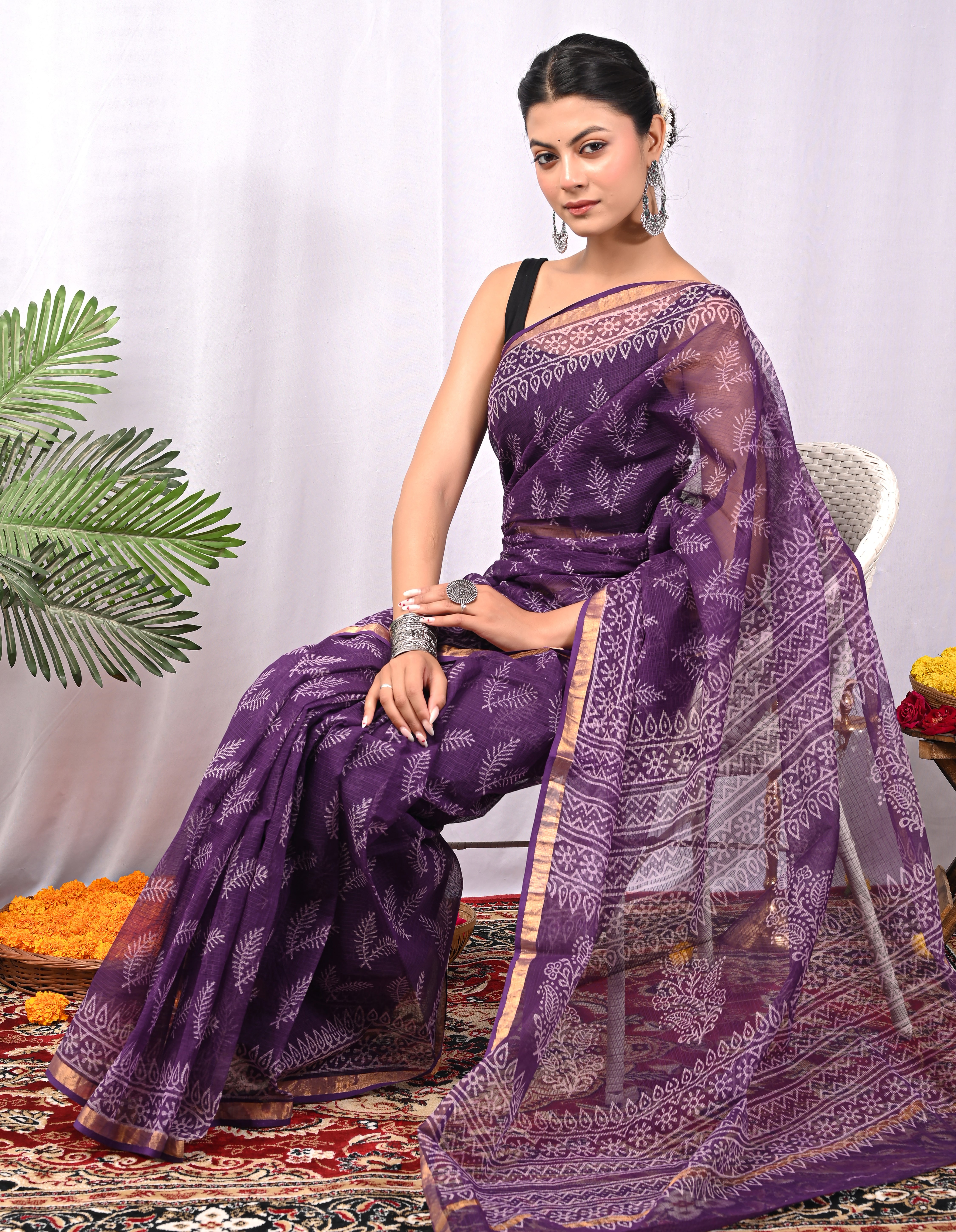 Hand-Printed Kota Doria Saree - Purple Cotton Silk