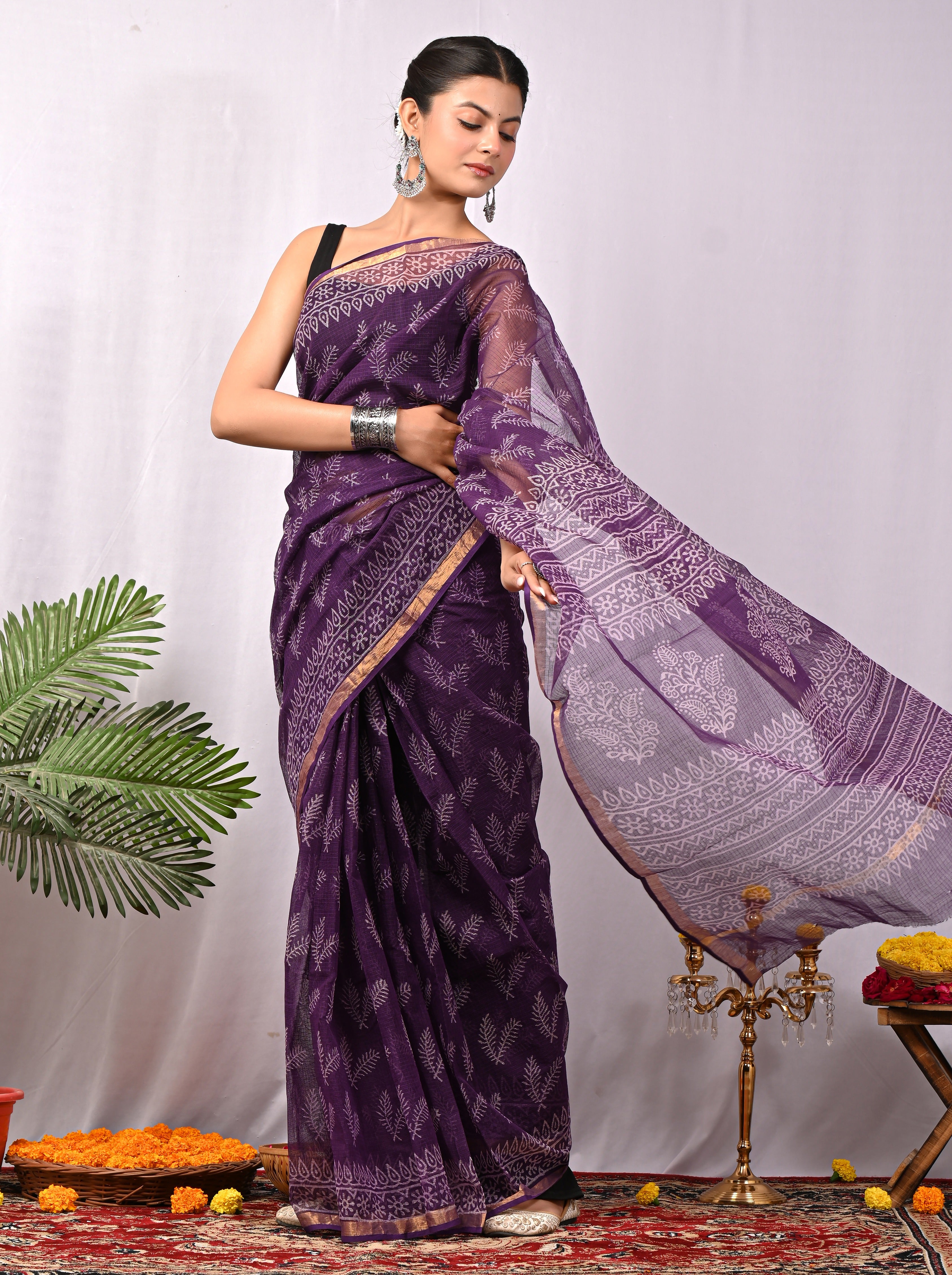 Hand-Printed Kota Doria Saree - Purple Cotton Silk