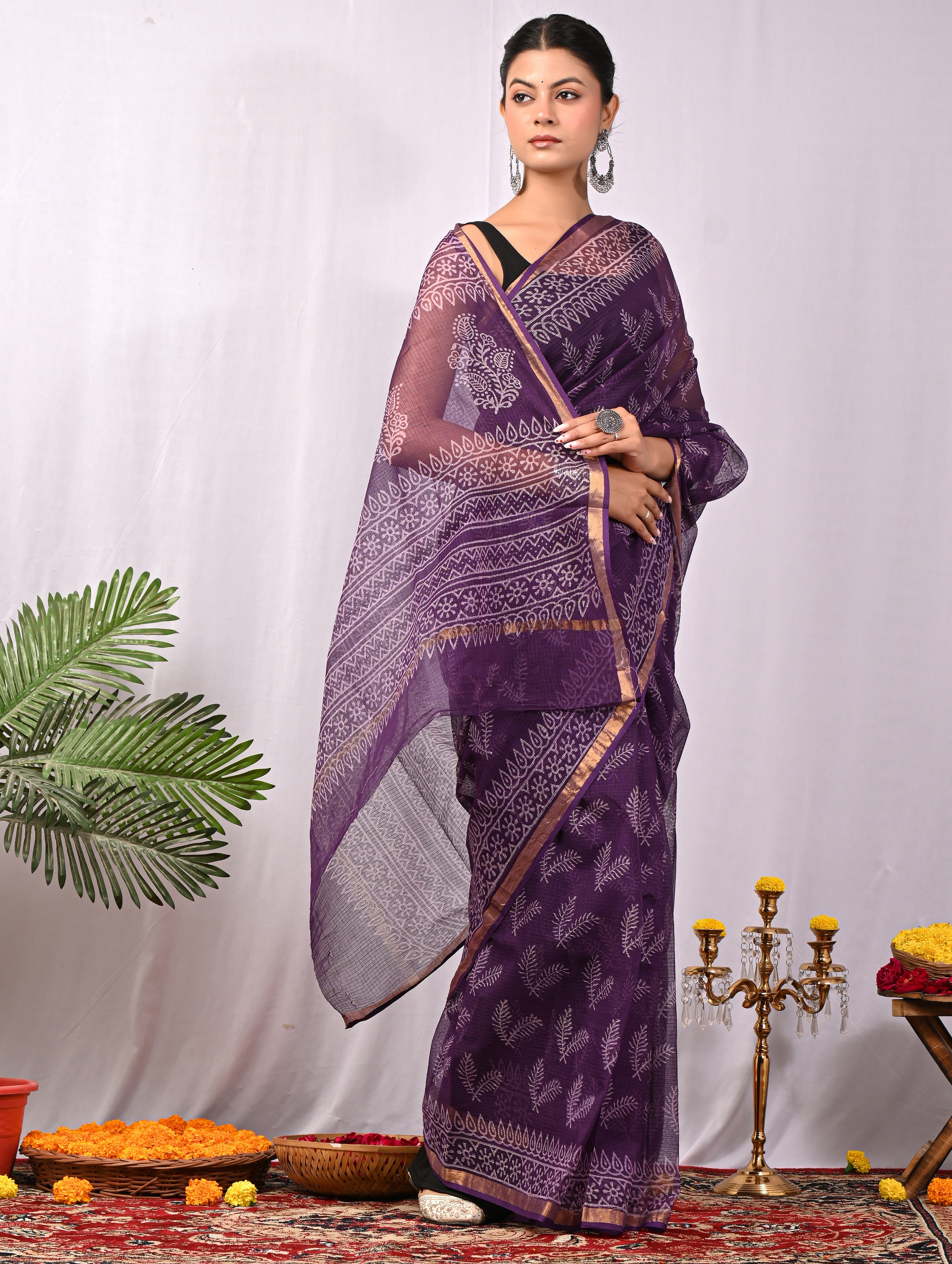 Hand-Printed Kota Doria Saree - Purple Cotton Silk