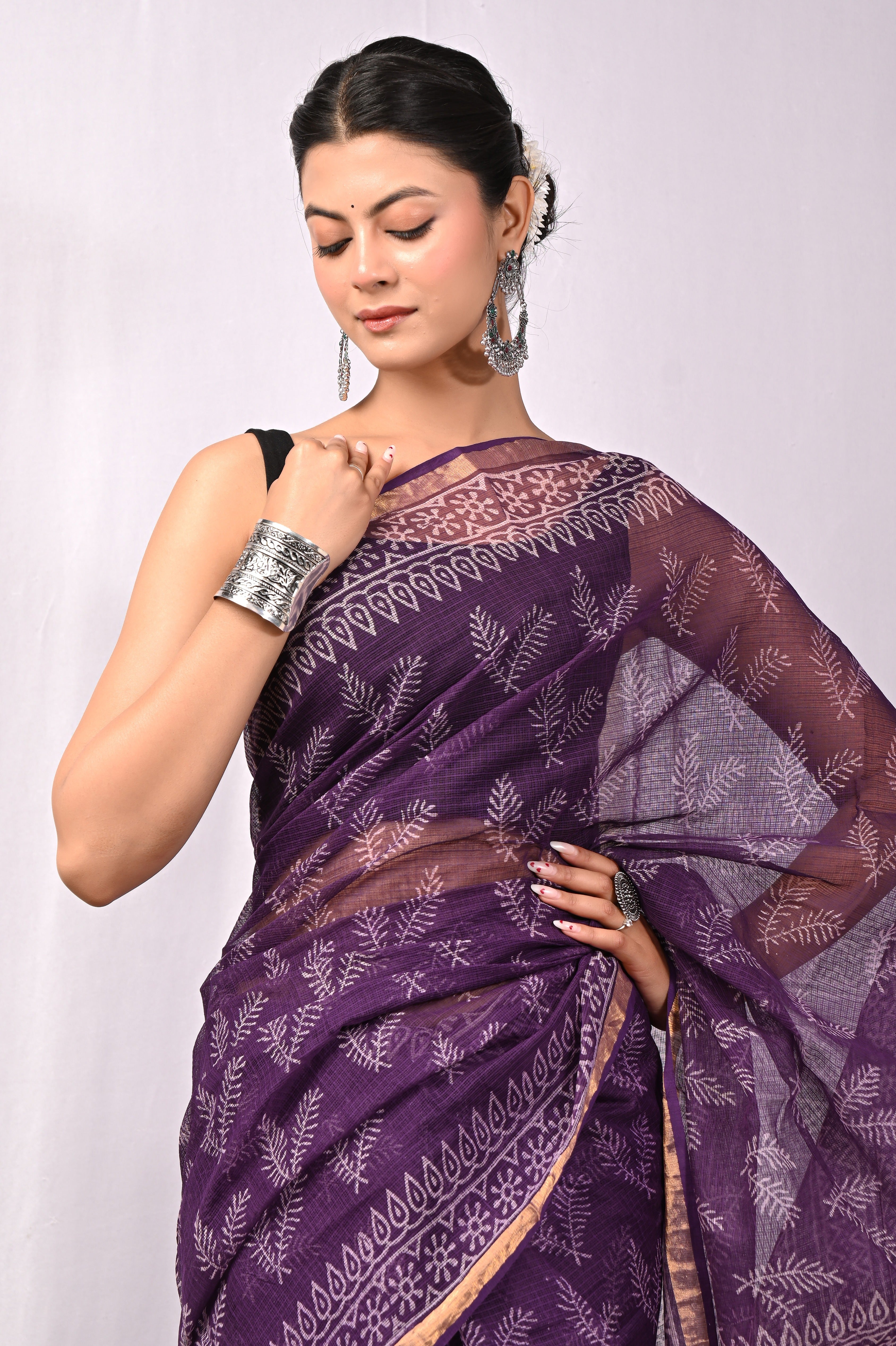 Hand-Printed Kota Doria Saree - Purple Cotton Silk