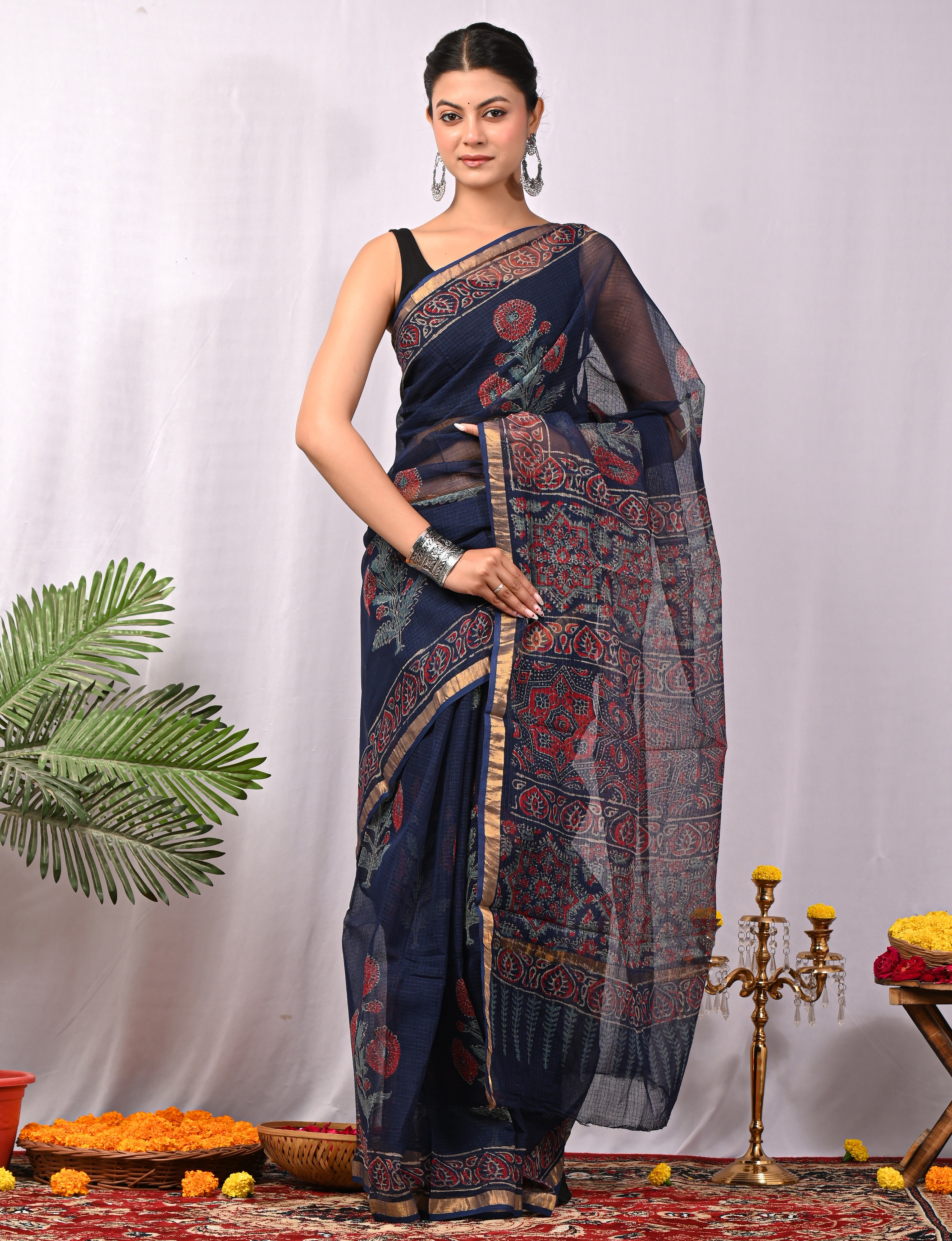 Hand-Printed Kota Doria Saree - Navy Cotton Silk