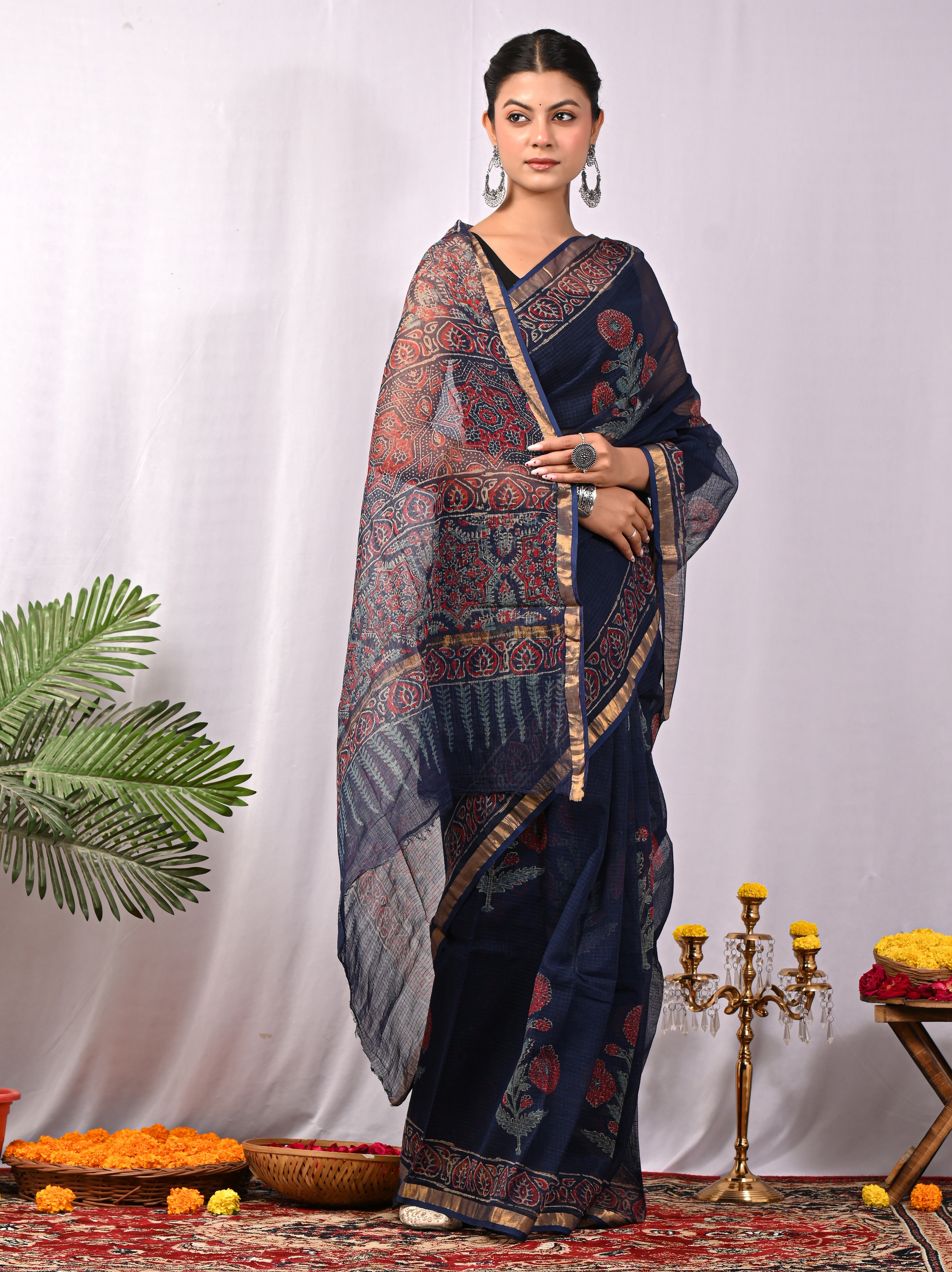 Hand-Printed Kota Doria Saree - Navy Cotton Silk