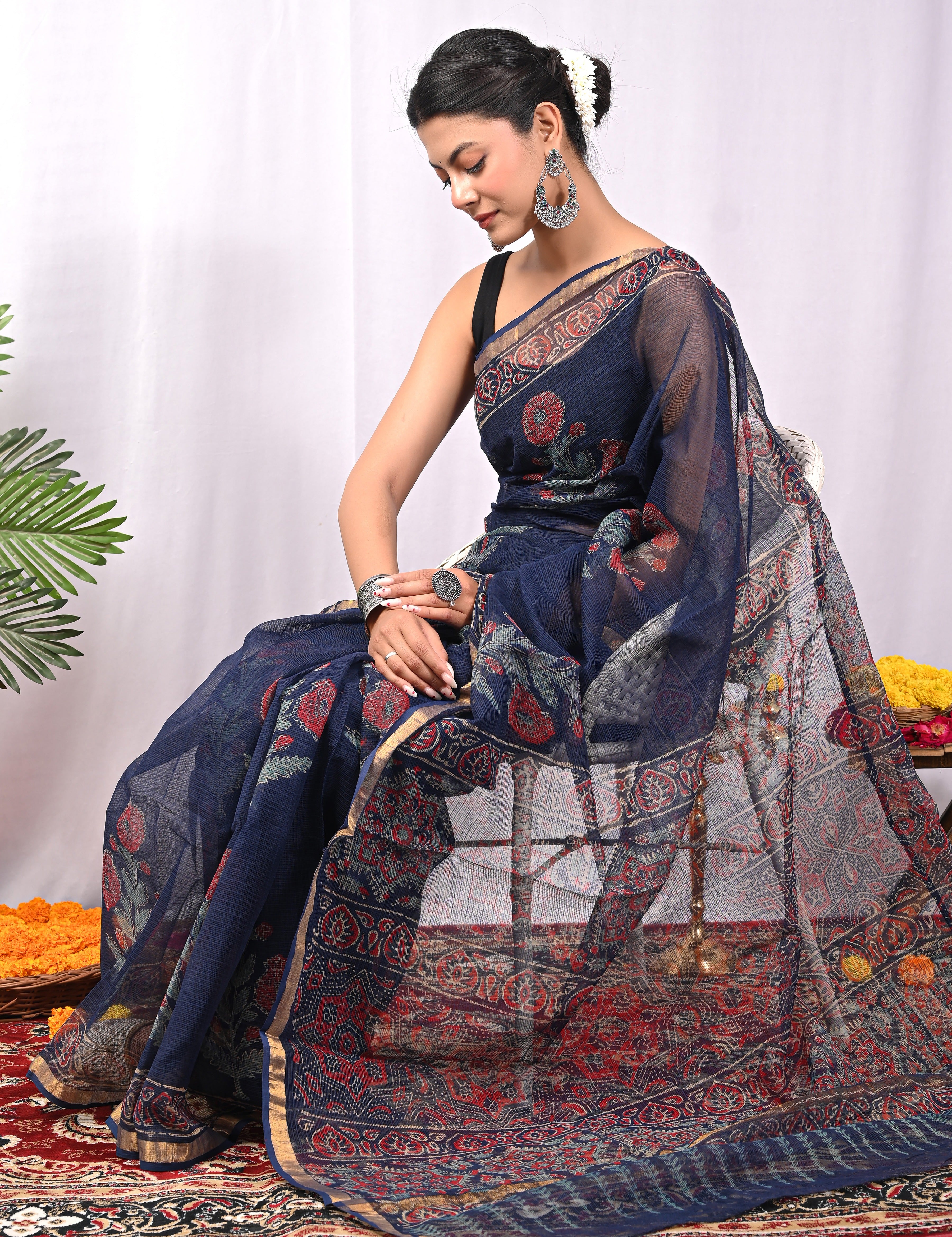 Hand-Printed Kota Doria Saree - Navy Cotton Silk