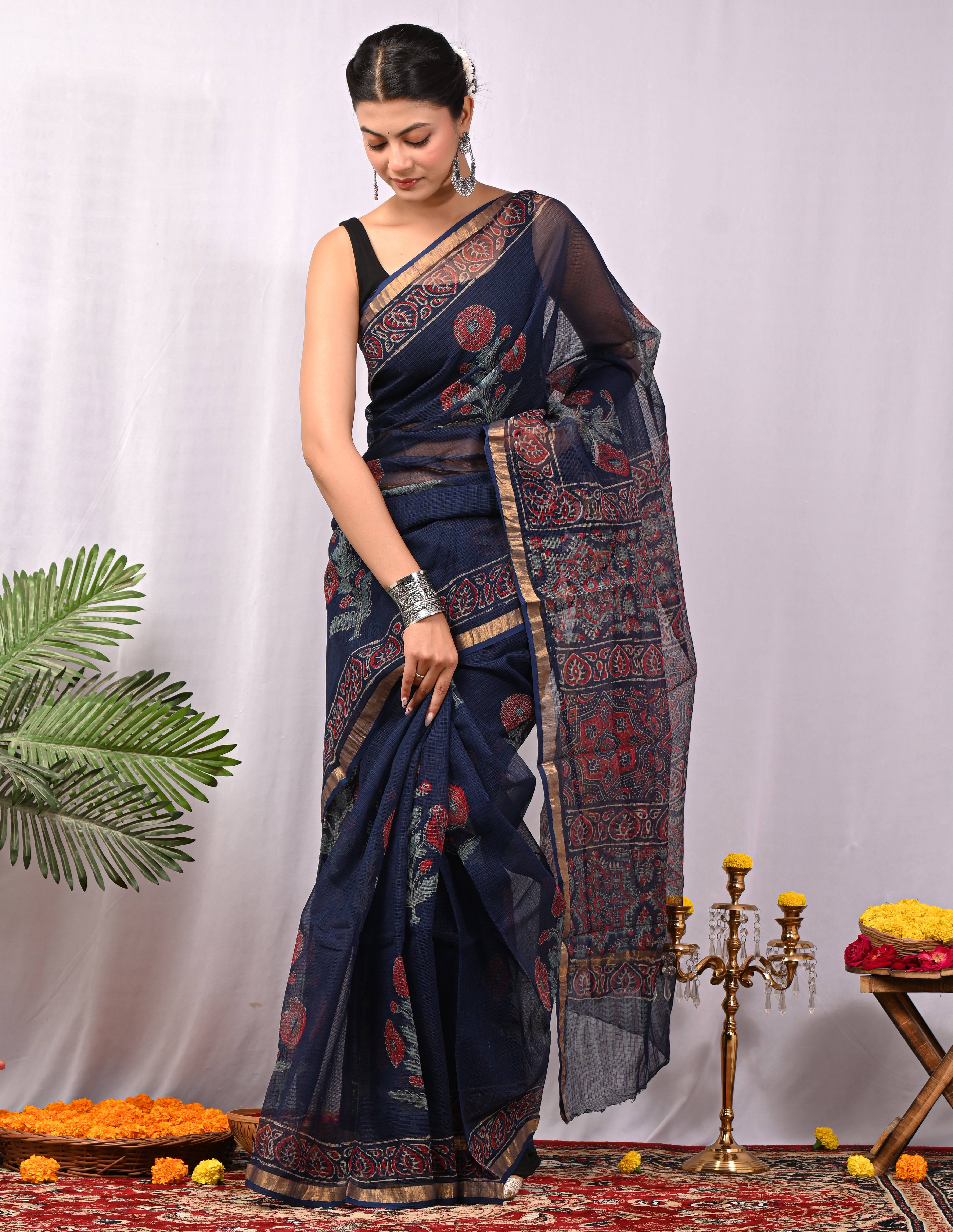 Hand-Printed Kota Doria Saree - Navy Cotton Silk