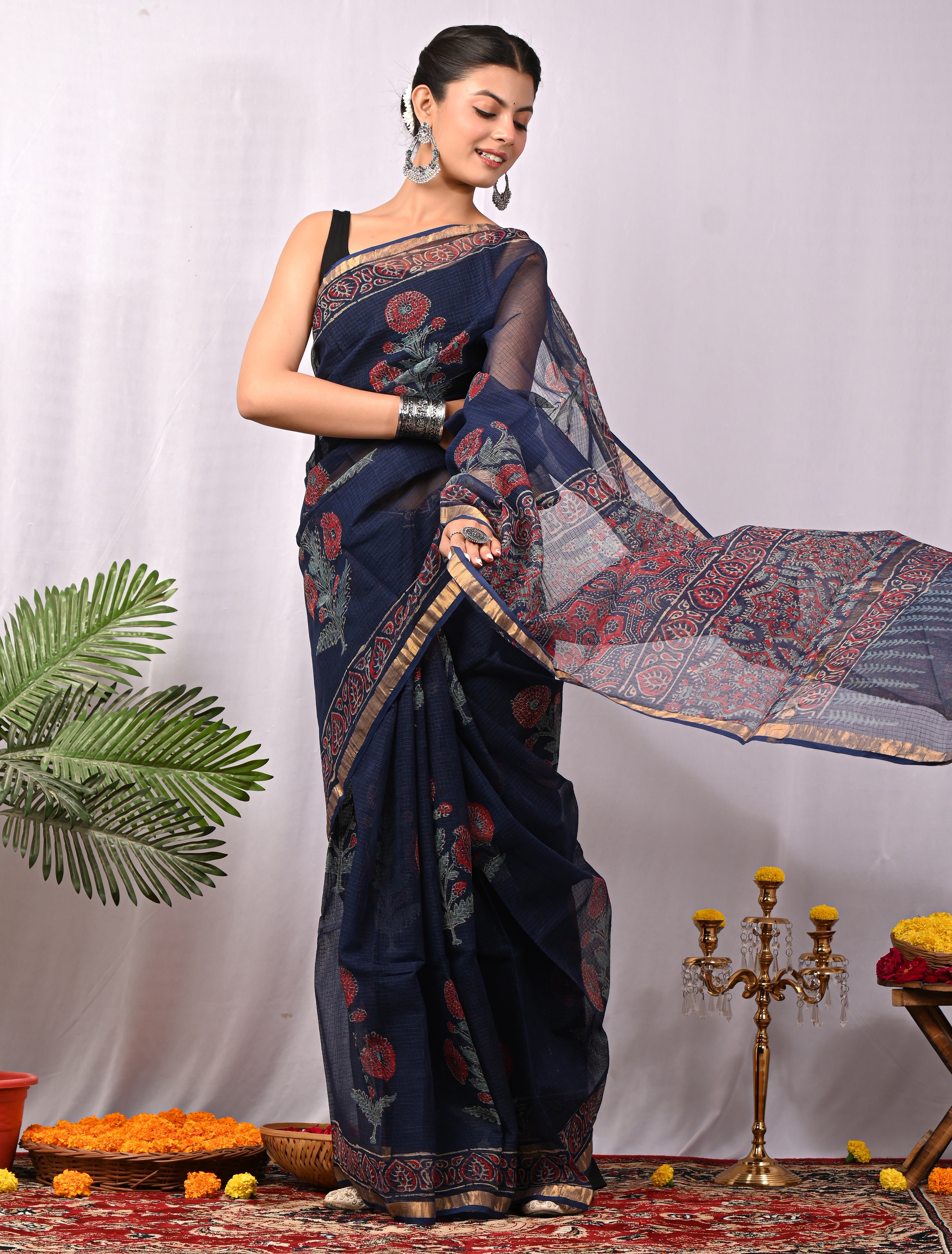Hand-Printed Kota Doria Saree - Navy Cotton Silk