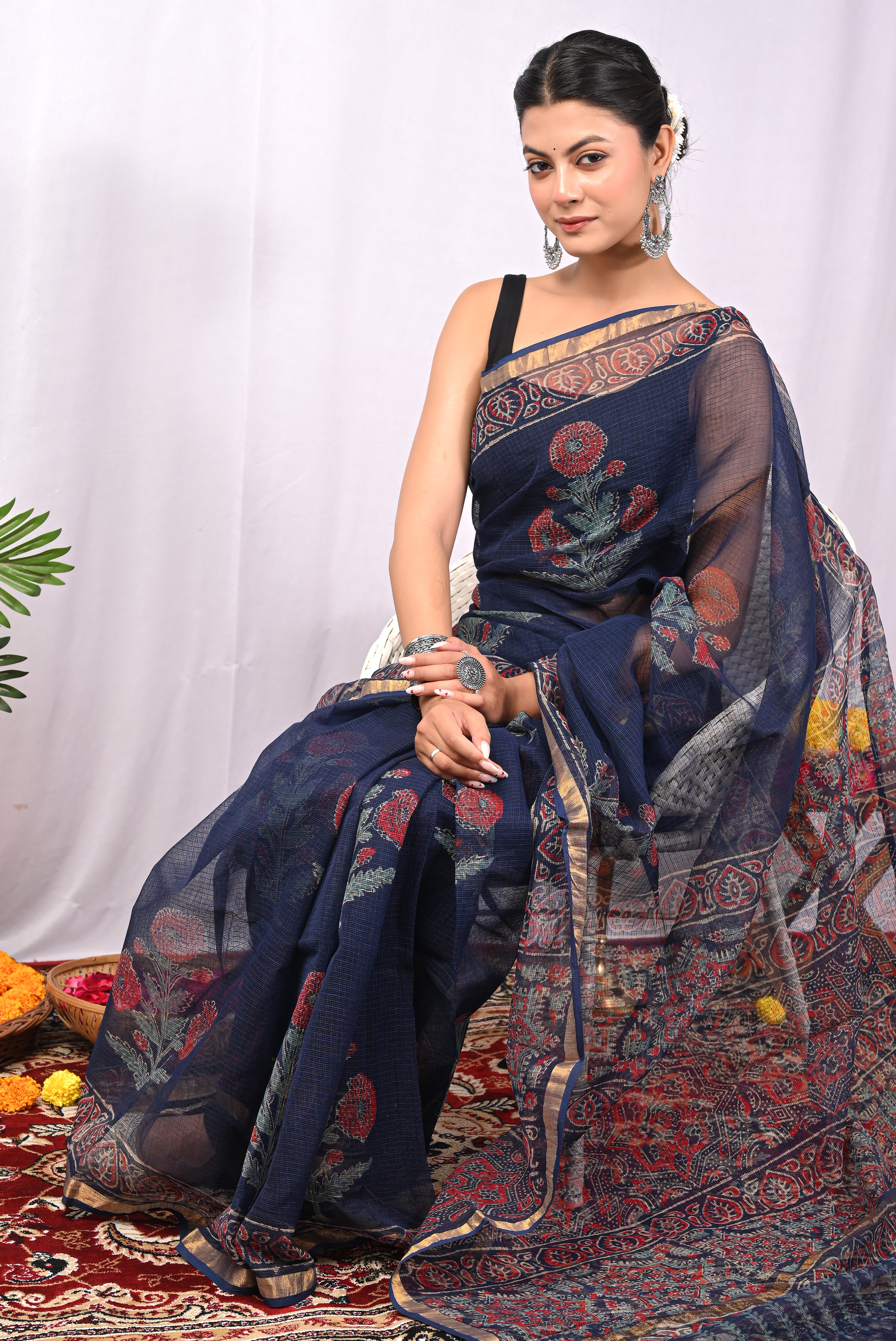 Hand-Printed Kota Doria Saree - Navy Cotton Silk