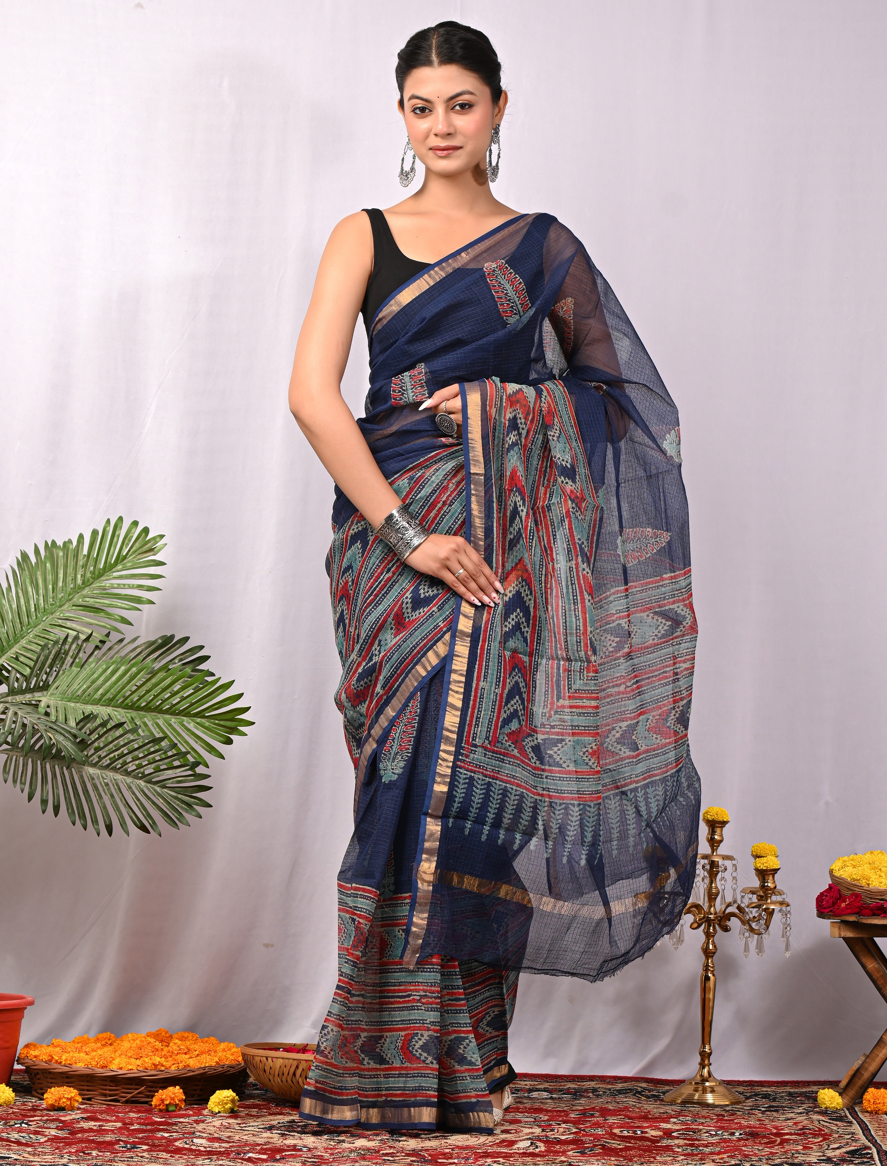 Hand-Printed Kota Doria Saree - Indigo Geometric