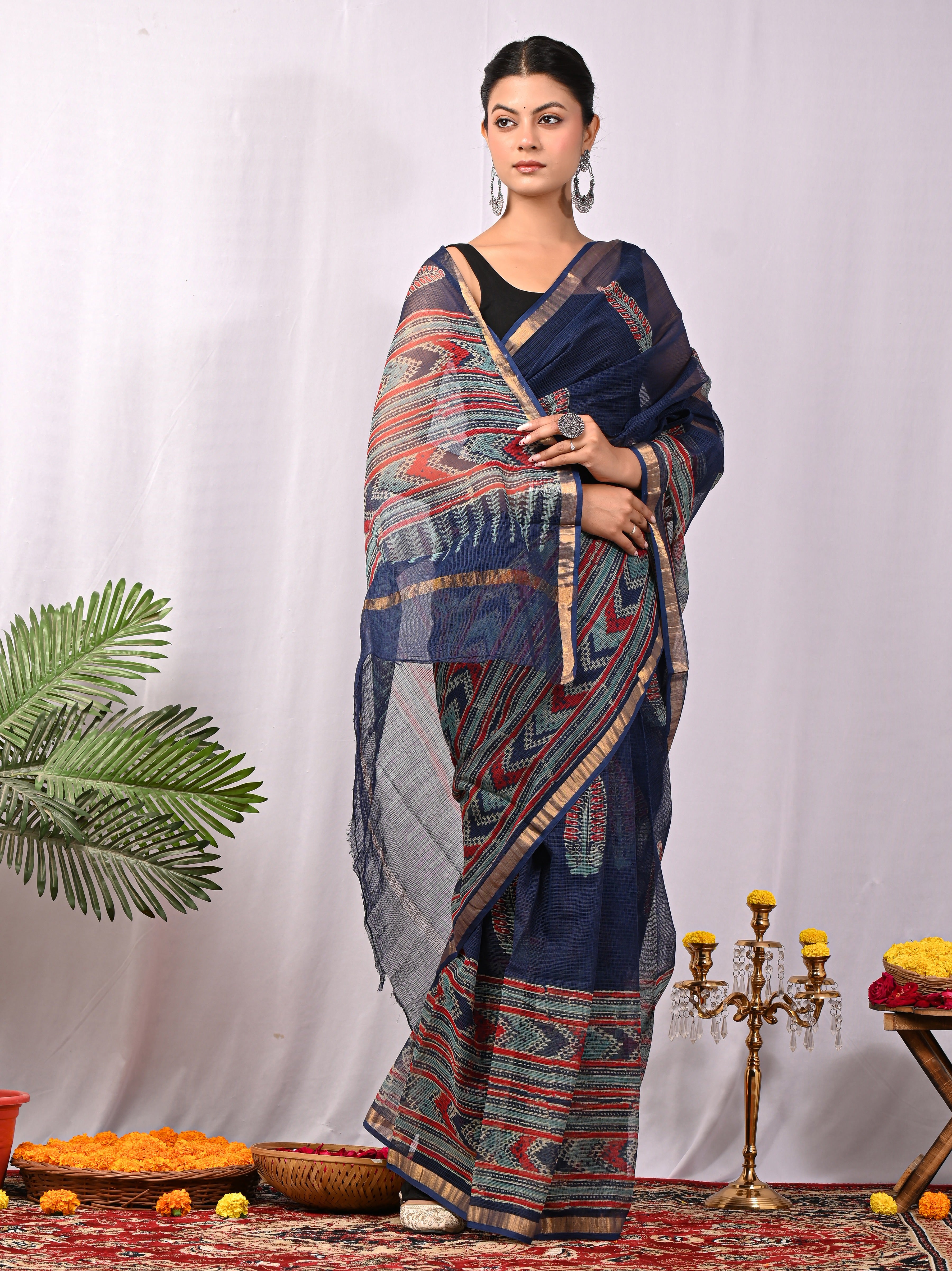 Hand-Printed Kota Doria Saree - Indigo Geometric