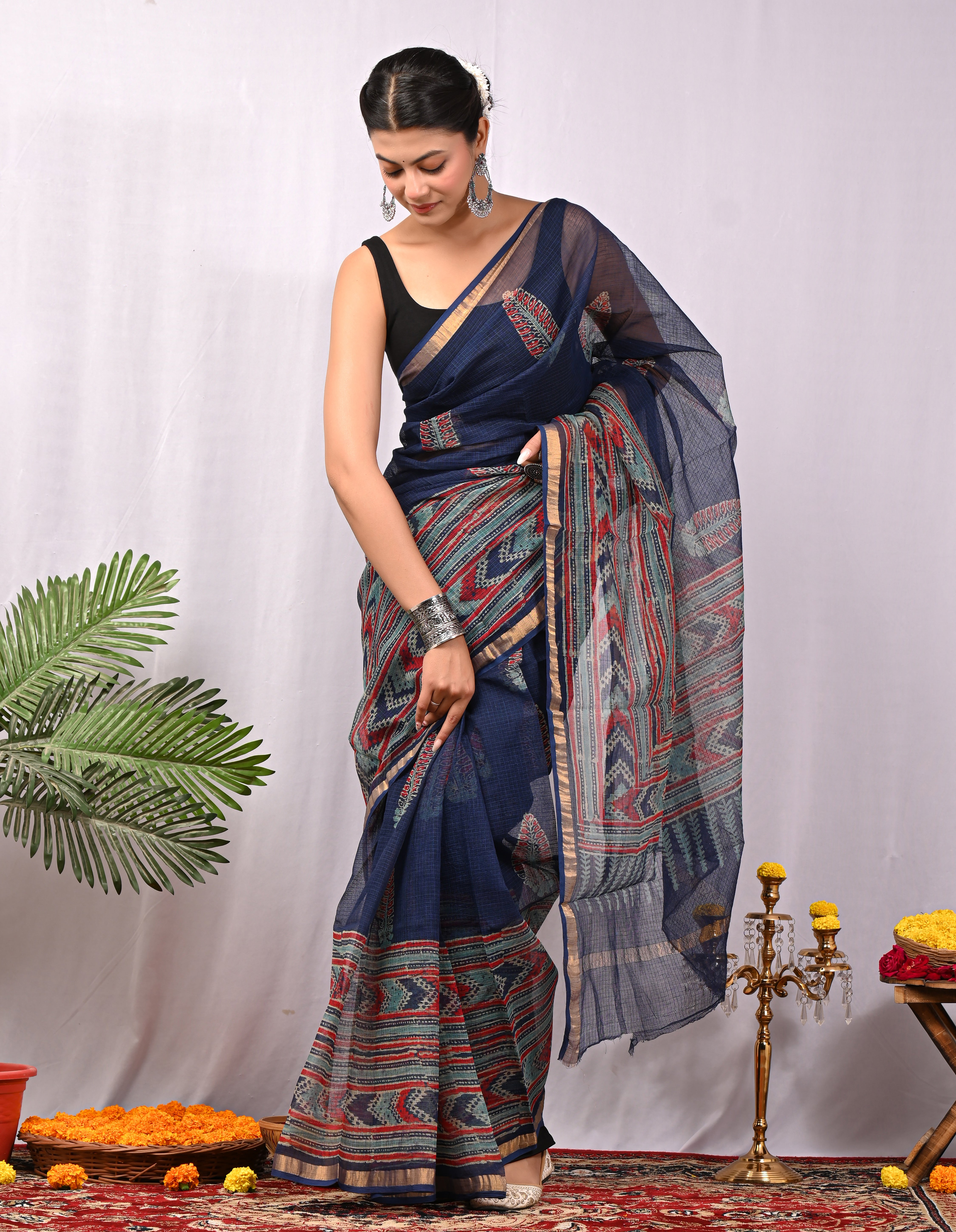 Hand-Printed Kota Doria Saree - Indigo Geometric