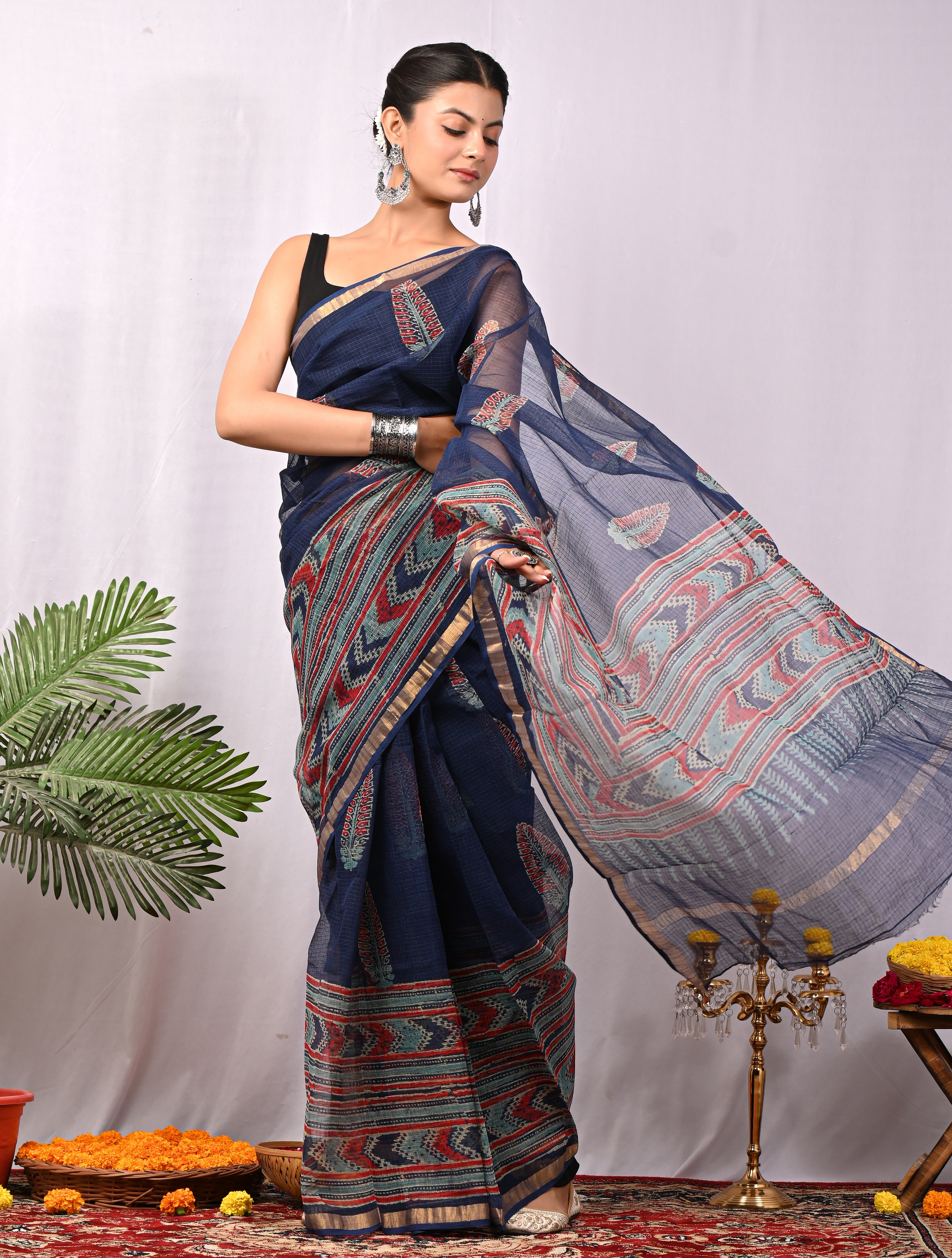 Hand-Printed Kota Doria Saree - Indigo Geometric