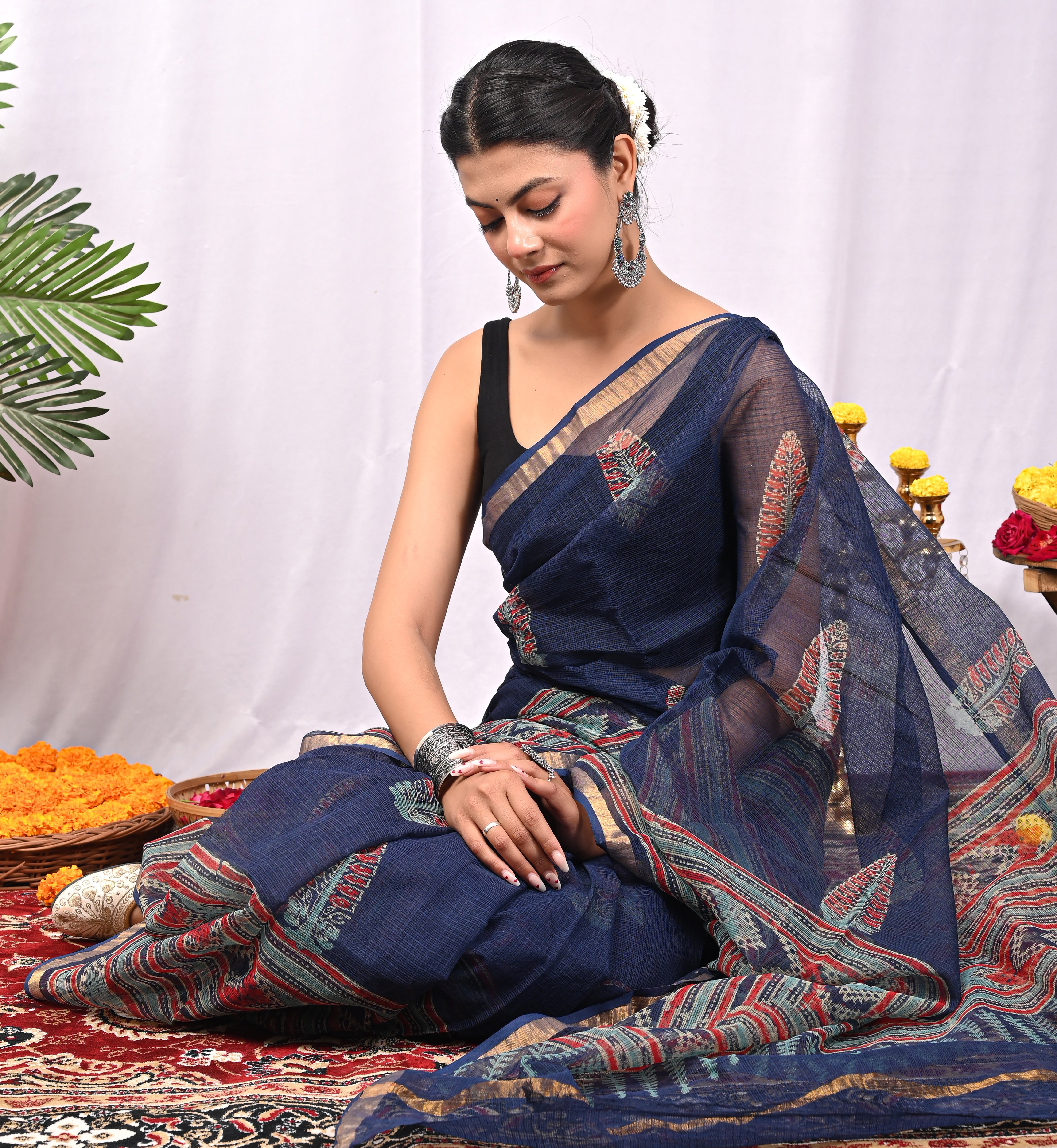 Hand-Printed Kota Doria Saree - Indigo Geometric