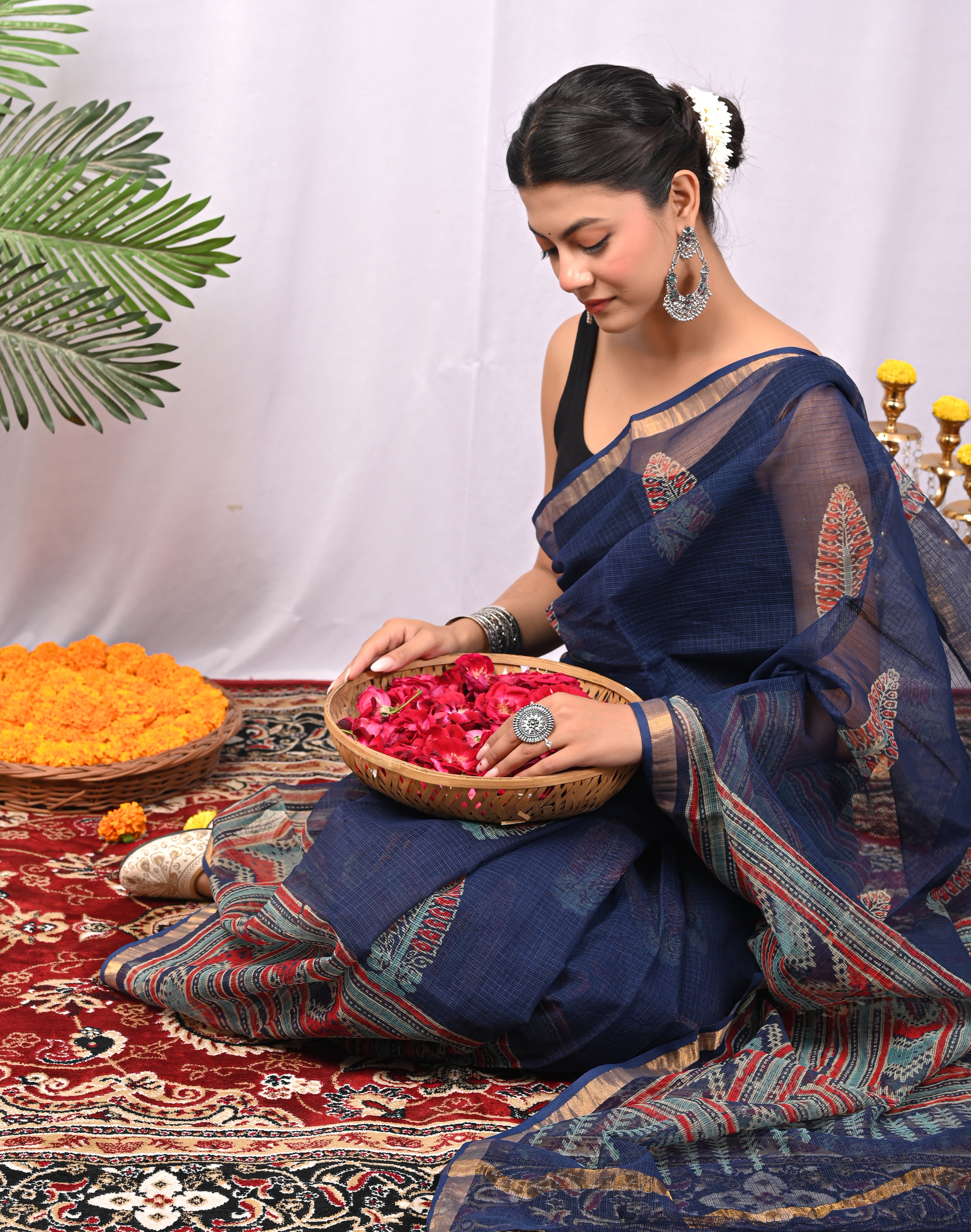 Hand-Printed Kota Doria Saree - Indigo Geometric