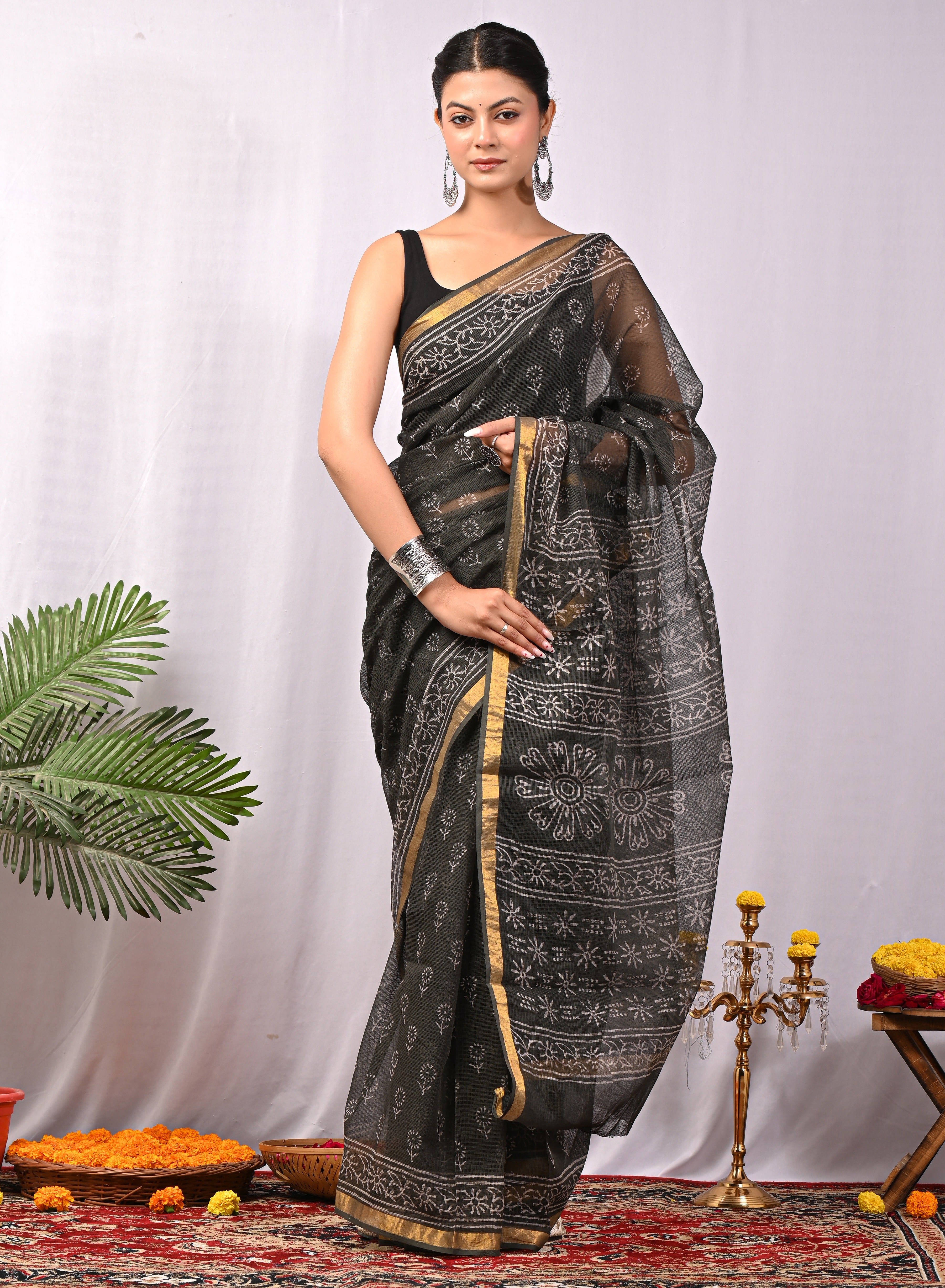 Hand-Printed Kota Doria Saree - Black Cotton Silk