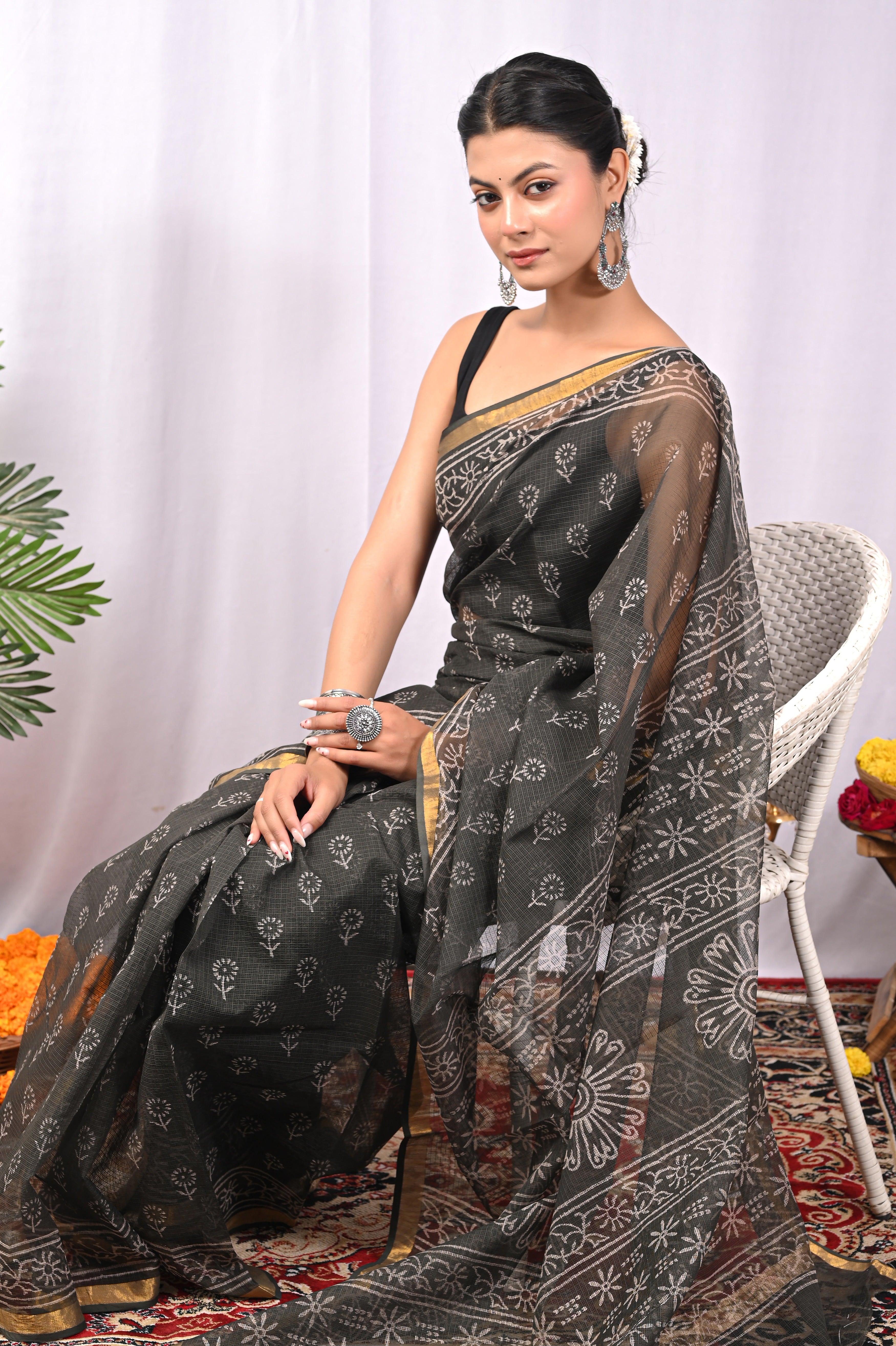Hand-Printed Kota Doria Saree - Black Cotton Silk