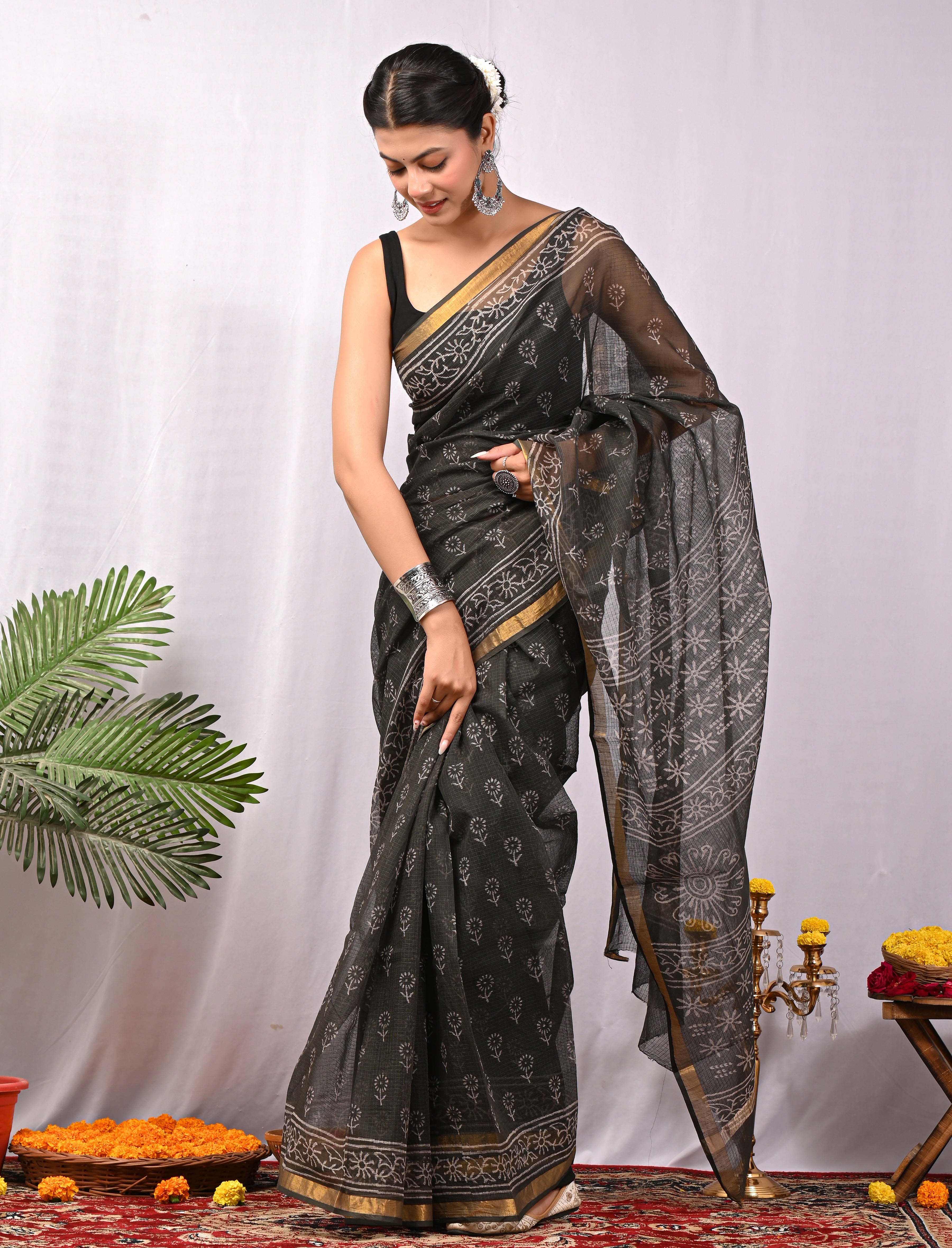 Hand-Printed Kota Doria Saree - Black Cotton Silk