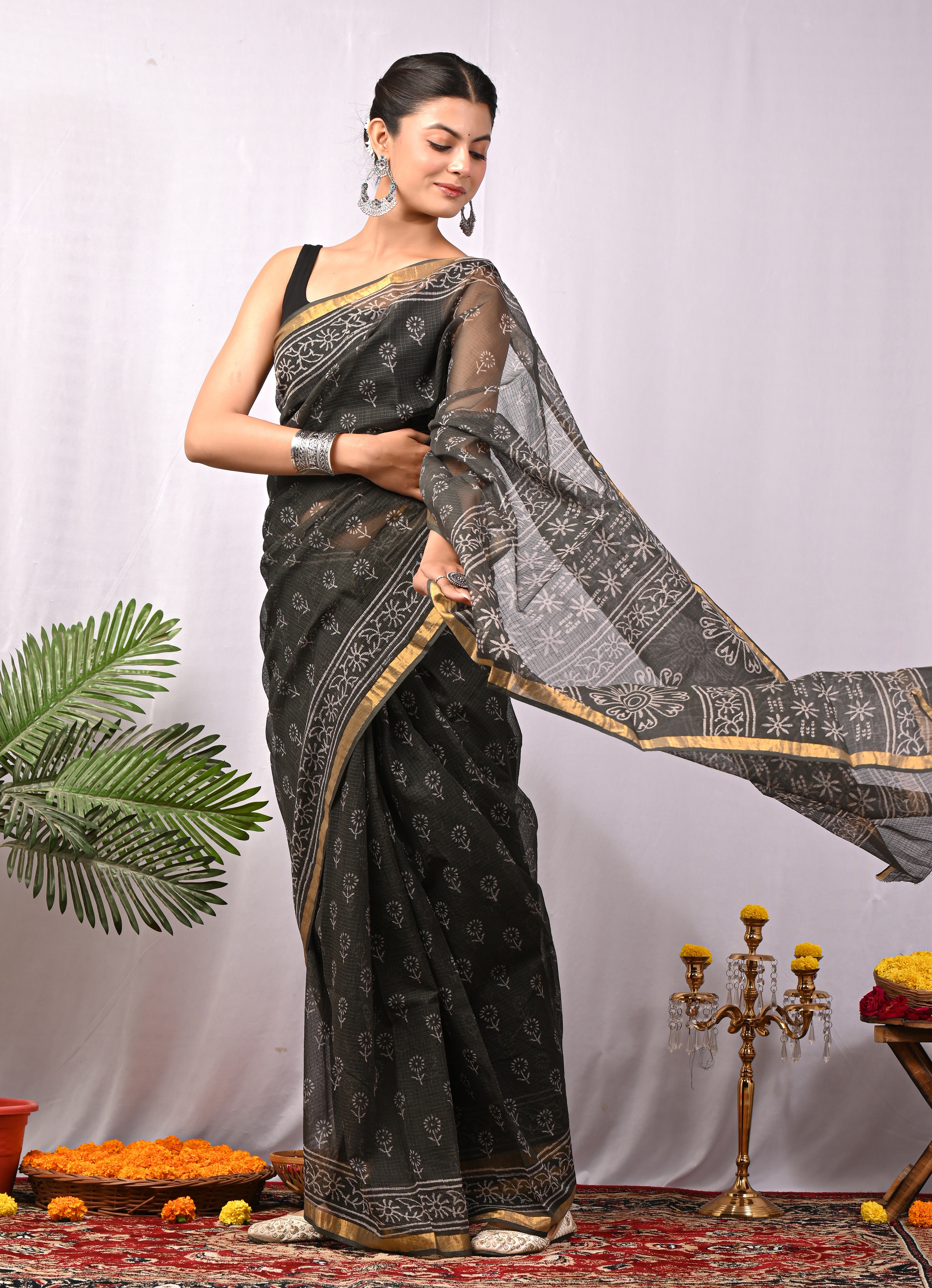 Hand-Printed Kota Doria Saree - Black Cotton Silk