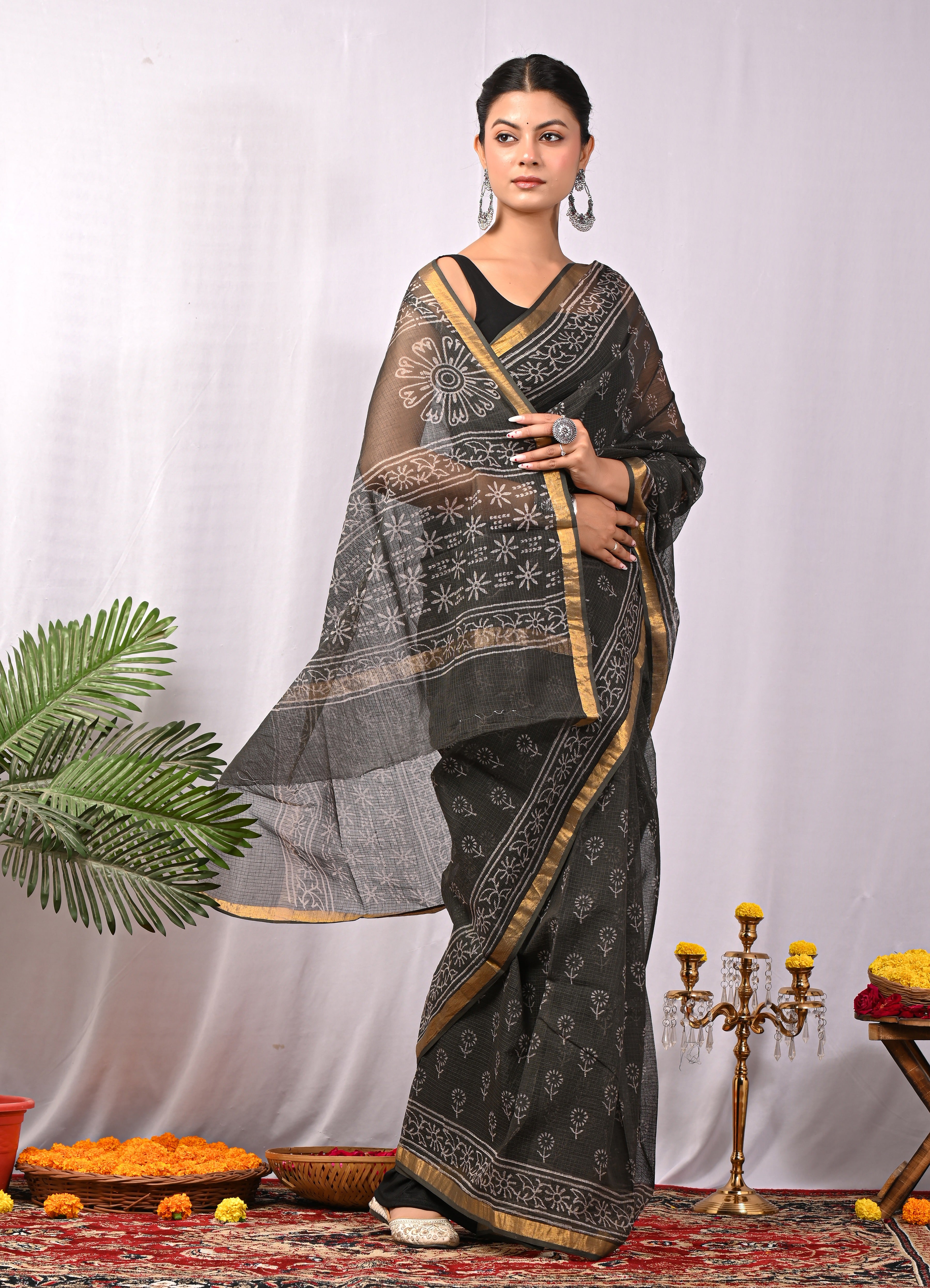 Hand-Printed Kota Doria Saree - Black Cotton Silk