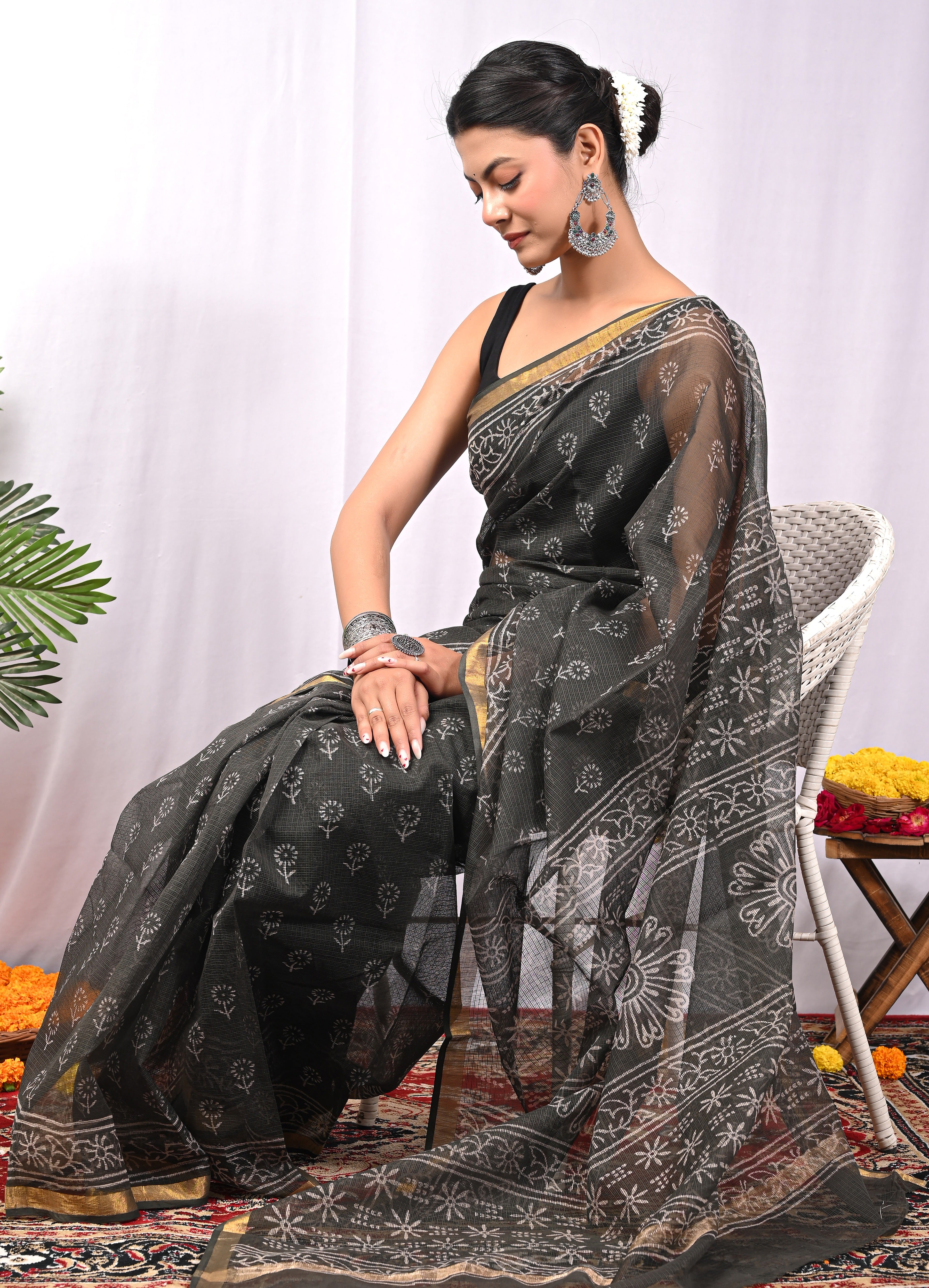 Hand-Printed Kota Doria Saree - Black Cotton Silk