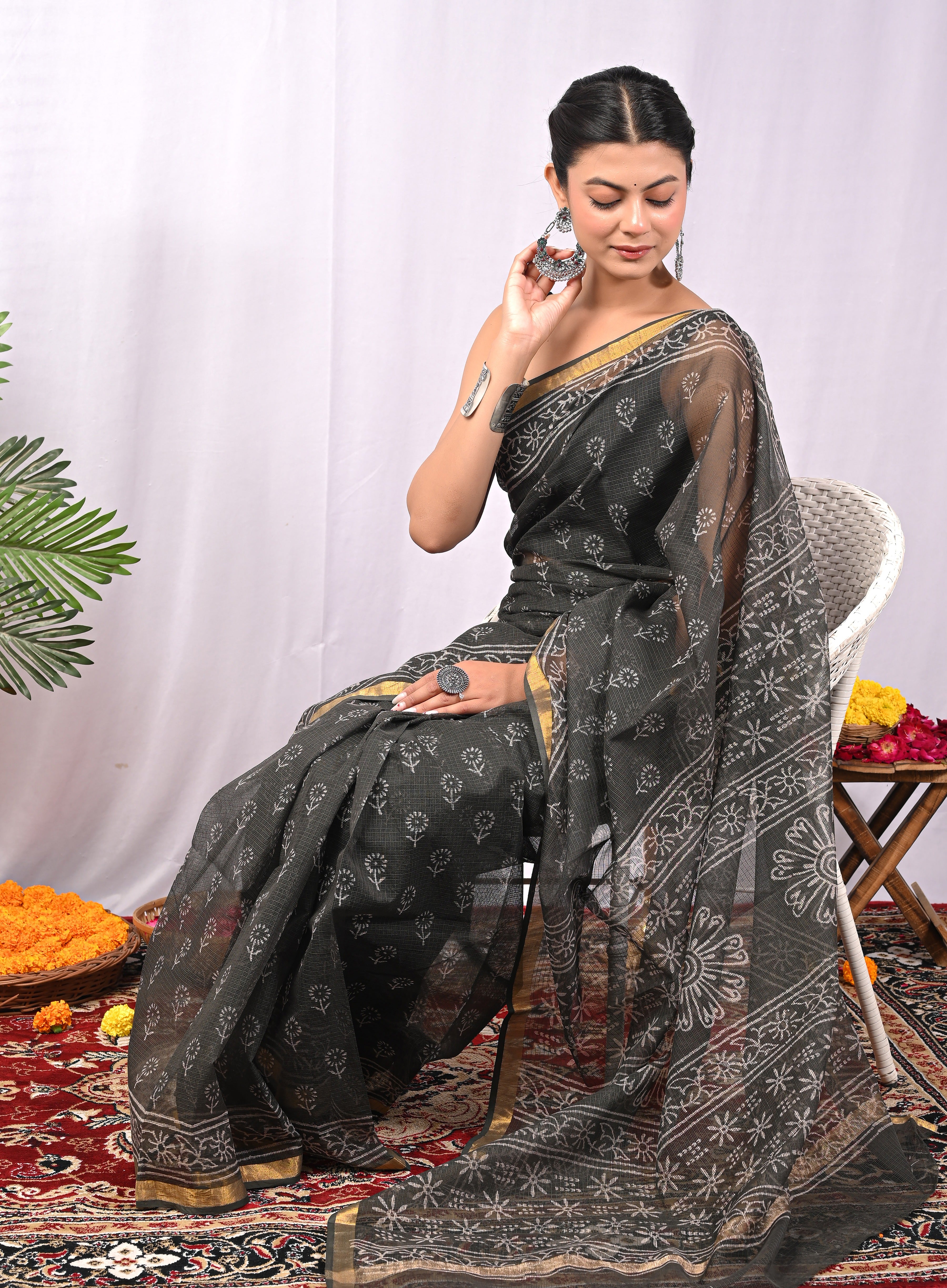 Hand-Printed Kota Doria Saree - Black Cotton Silk
