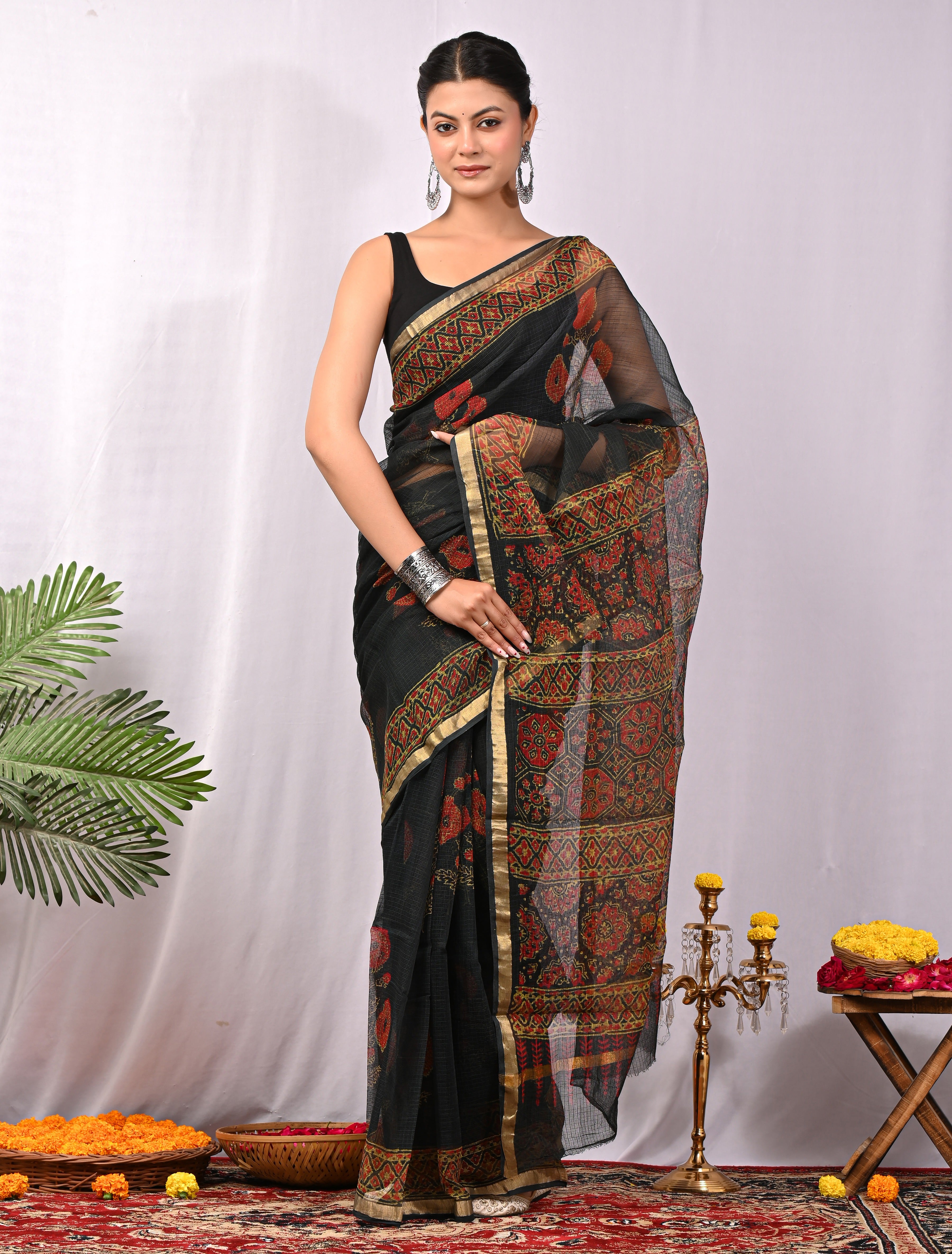 Hand-Printed Kota Doria Saree - Black & Red Cotton Silk