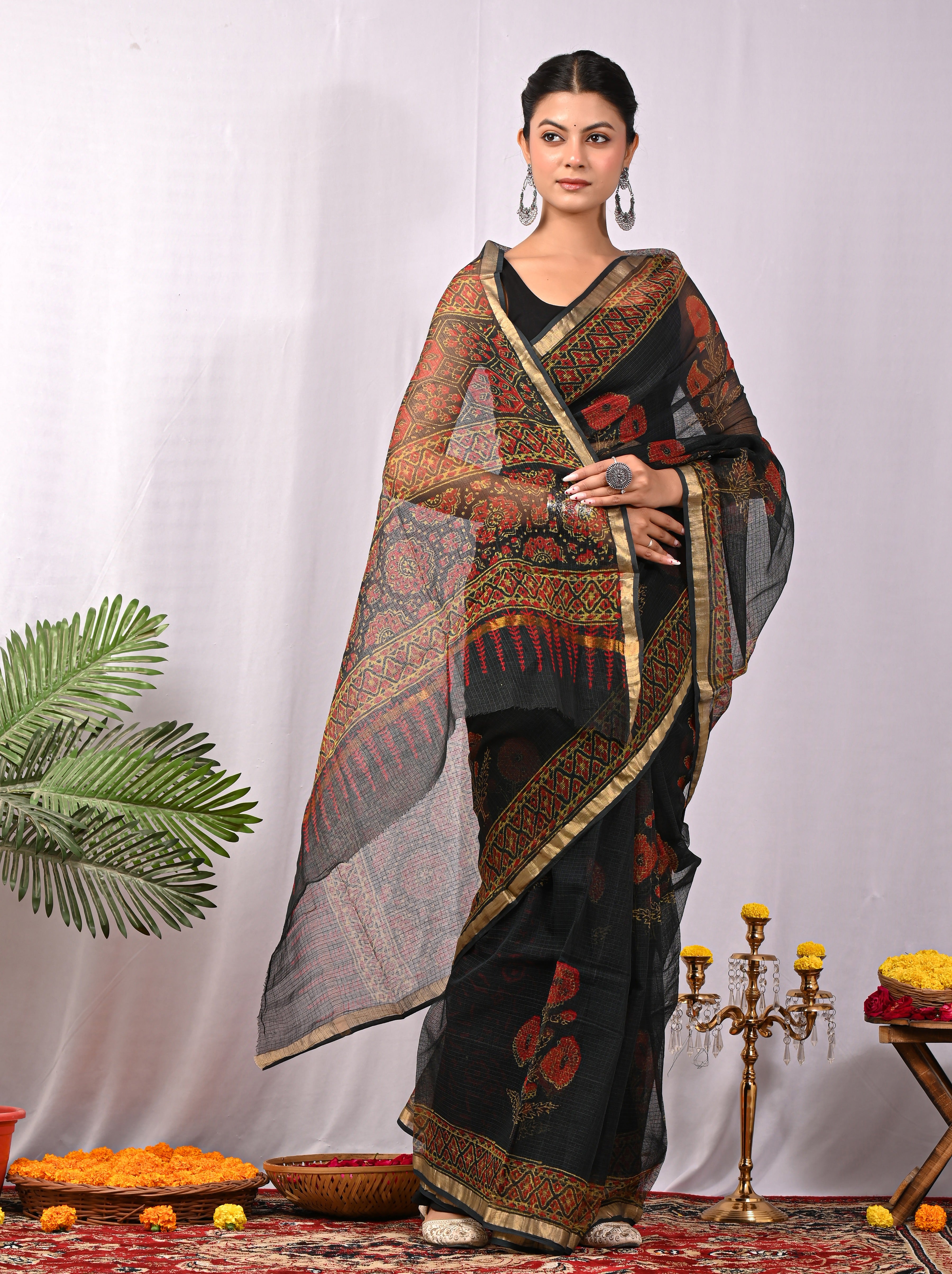 Hand-Printed Kota Doria Saree - Black & Red Cotton Silk