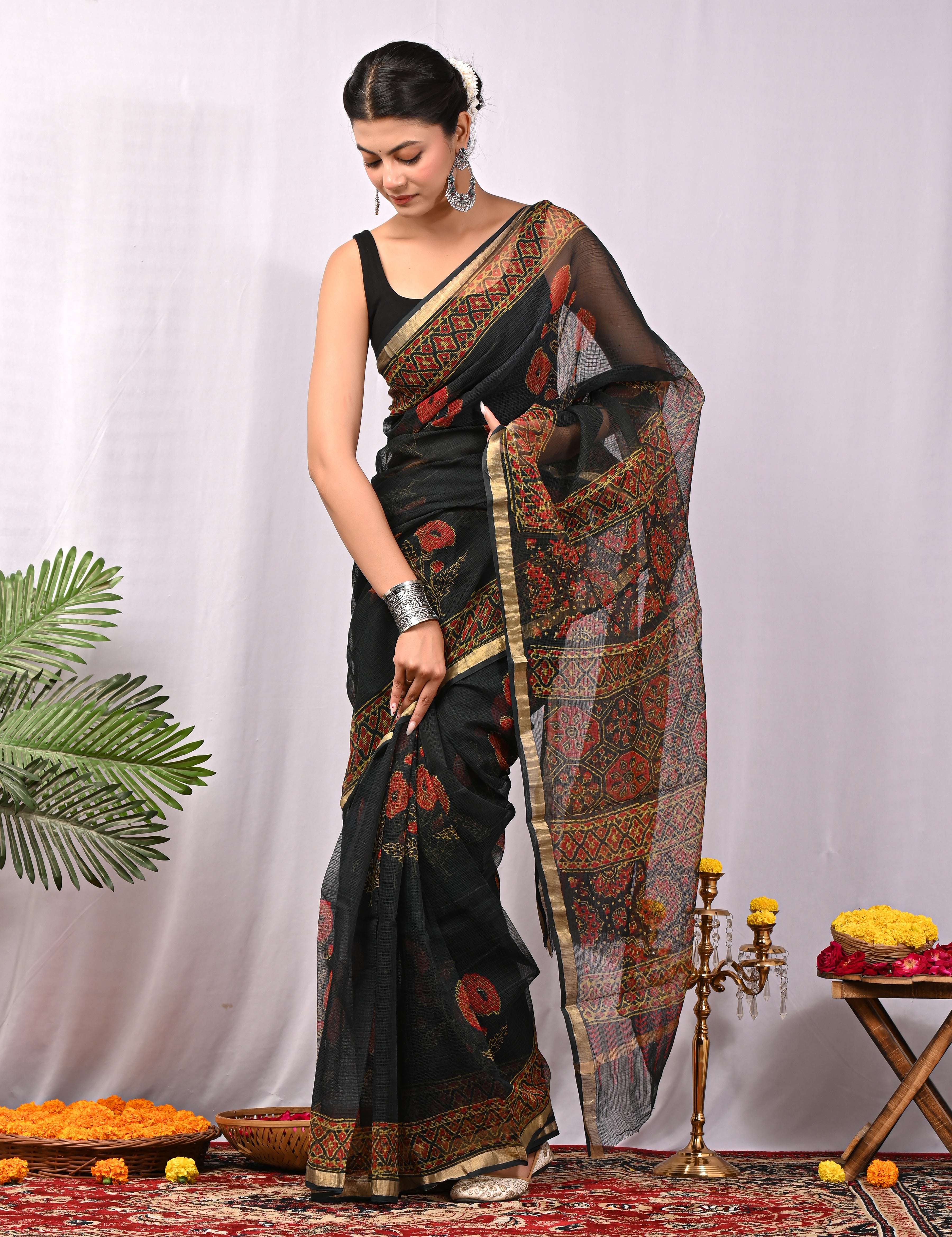 Hand-Printed Kota Doria Saree - Black & Red Cotton Silk
