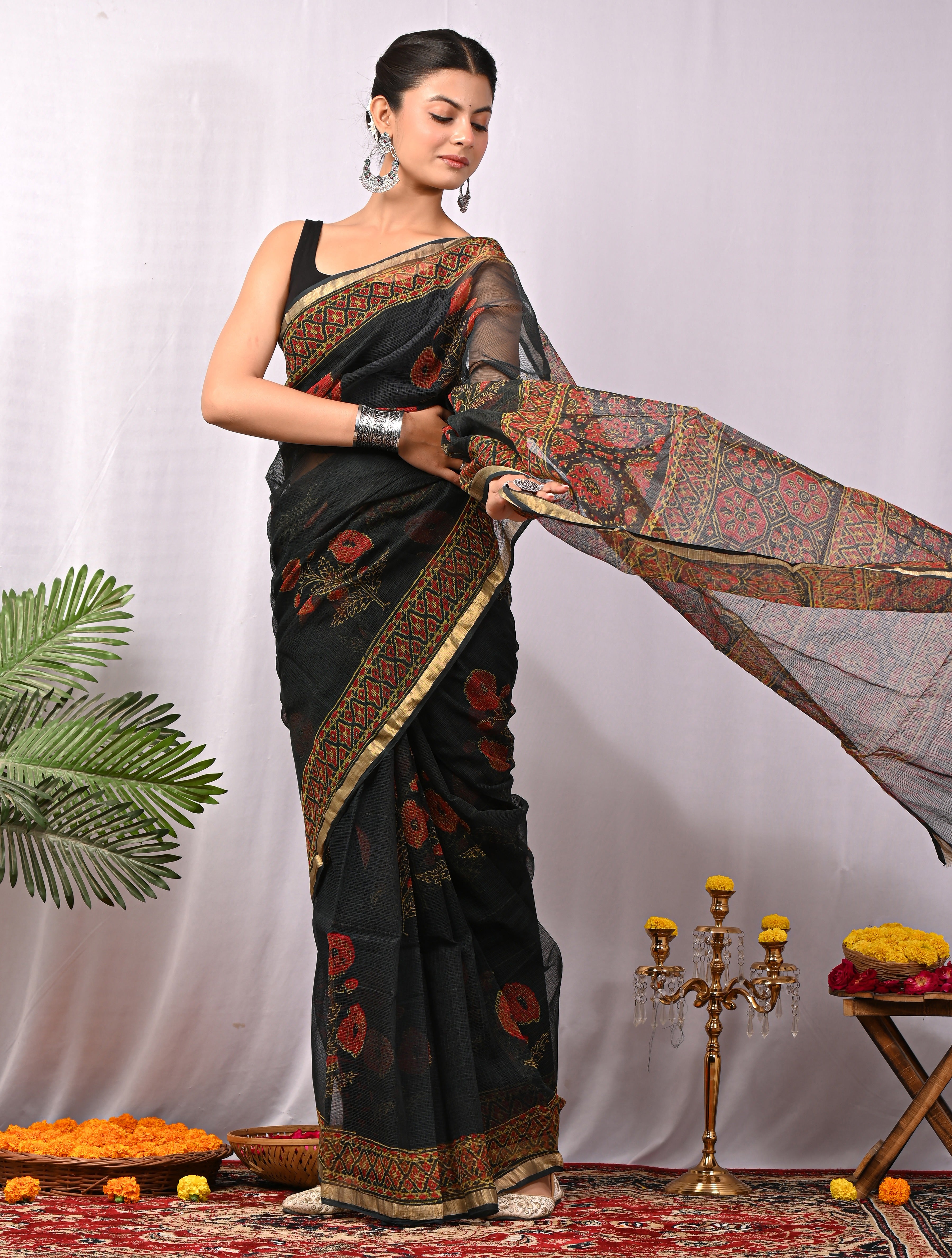 Hand-Printed Kota Doria Saree - Black & Red Cotton Silk