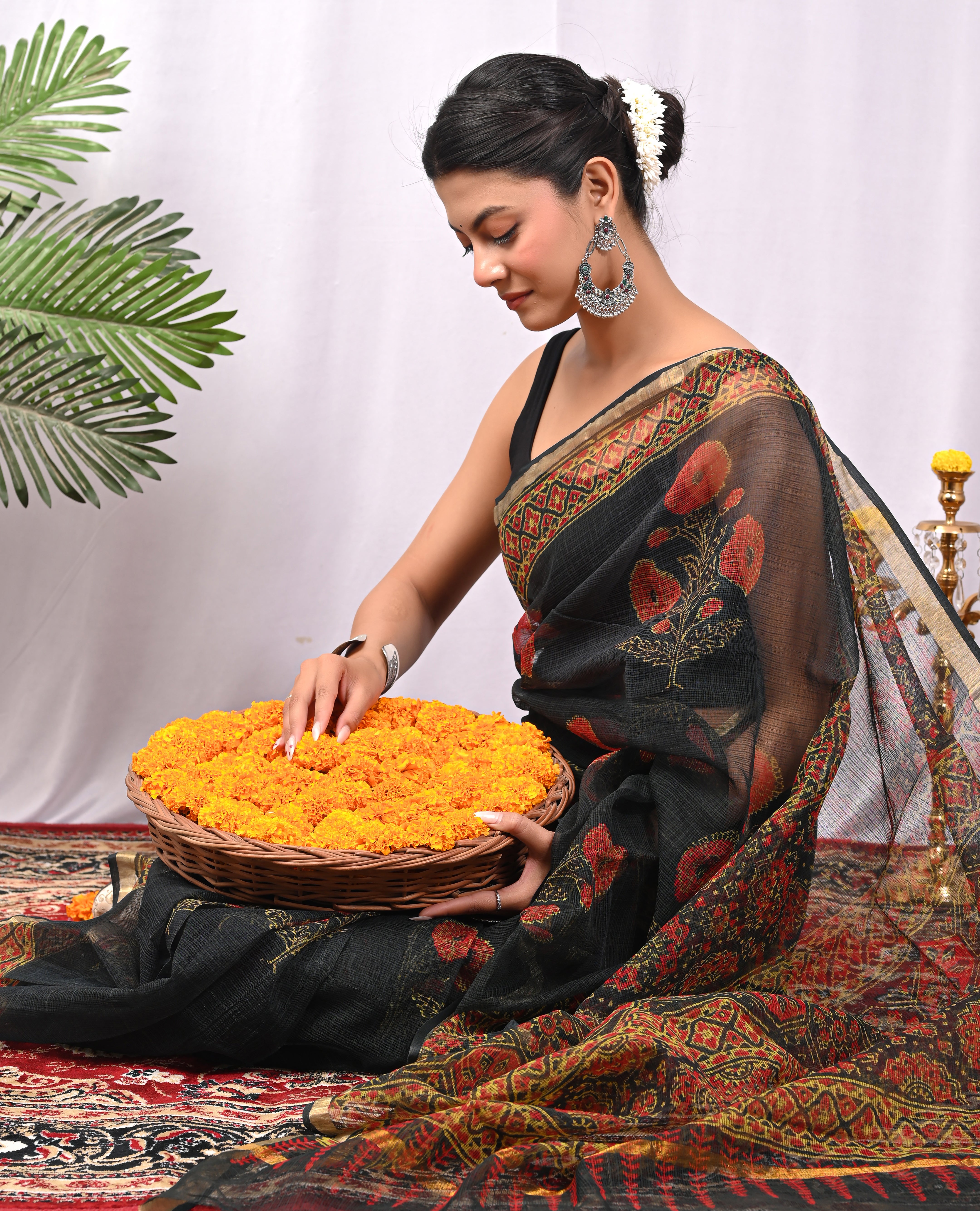 Hand-Printed Kota Doria Saree - Black & Red Cotton Silk