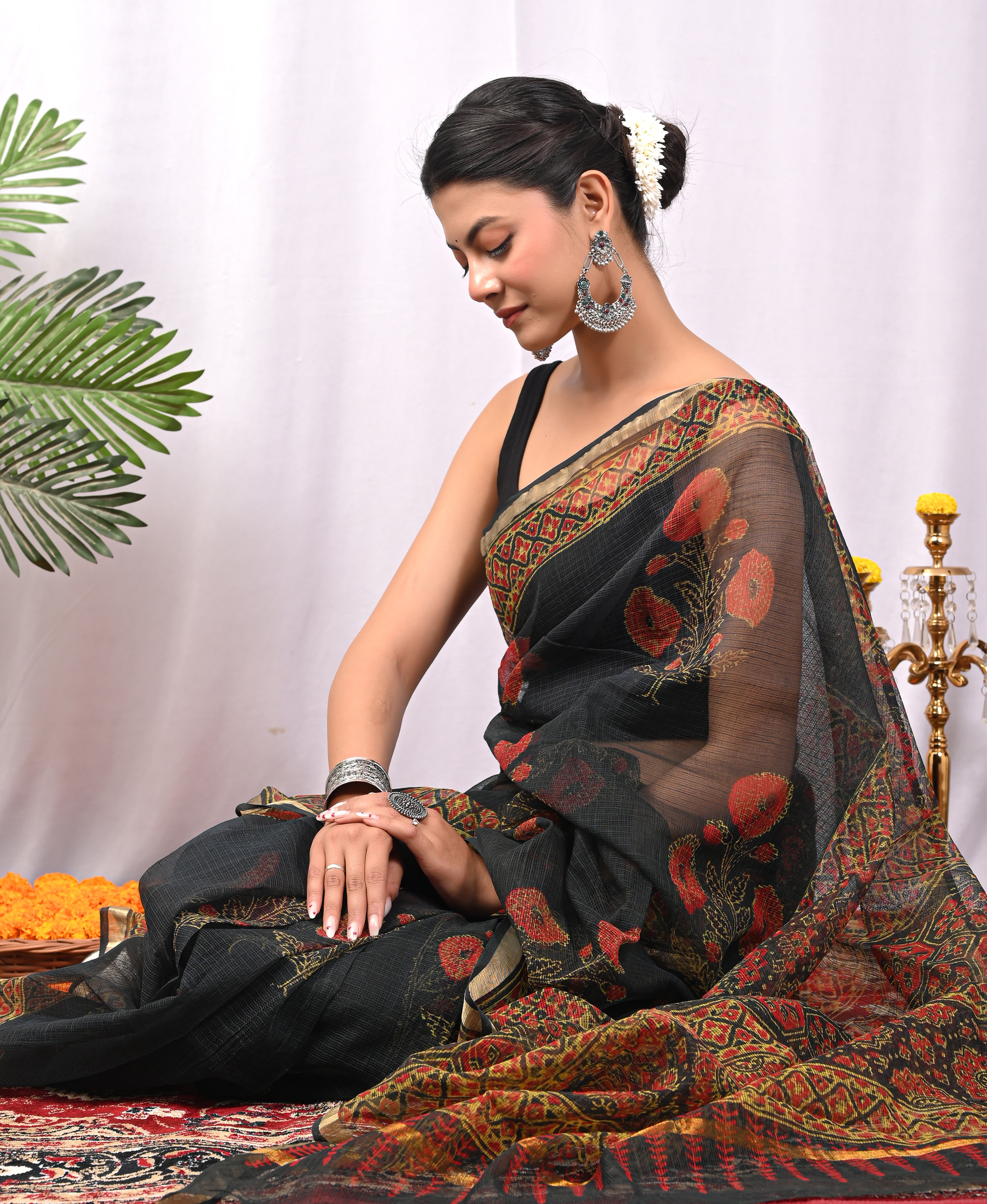 Hand-Printed Kota Doria Saree - Black & Red Cotton Silk
