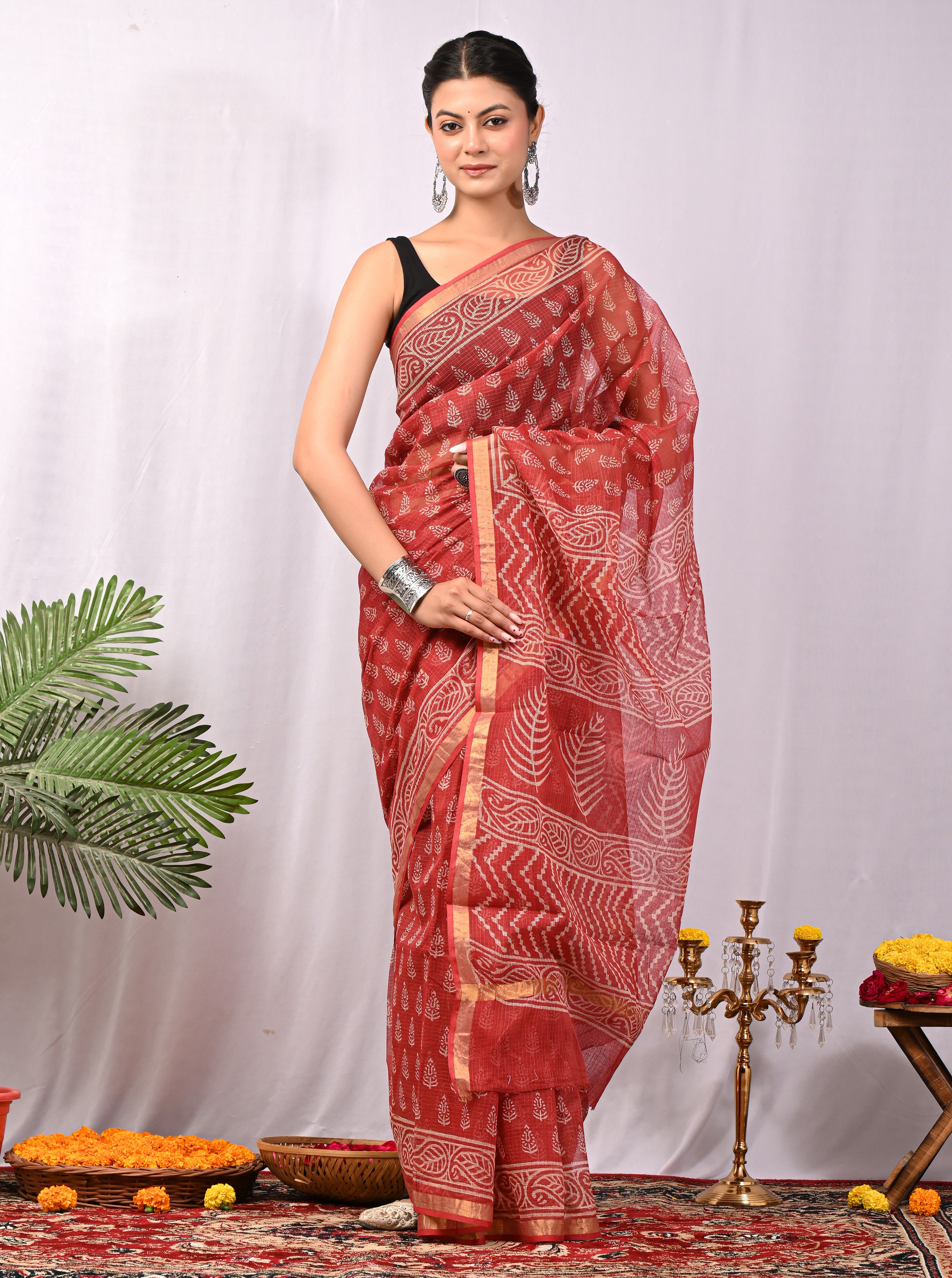 Hand-Printed Kota Doria Saree - Brick Red Cotton Silk
