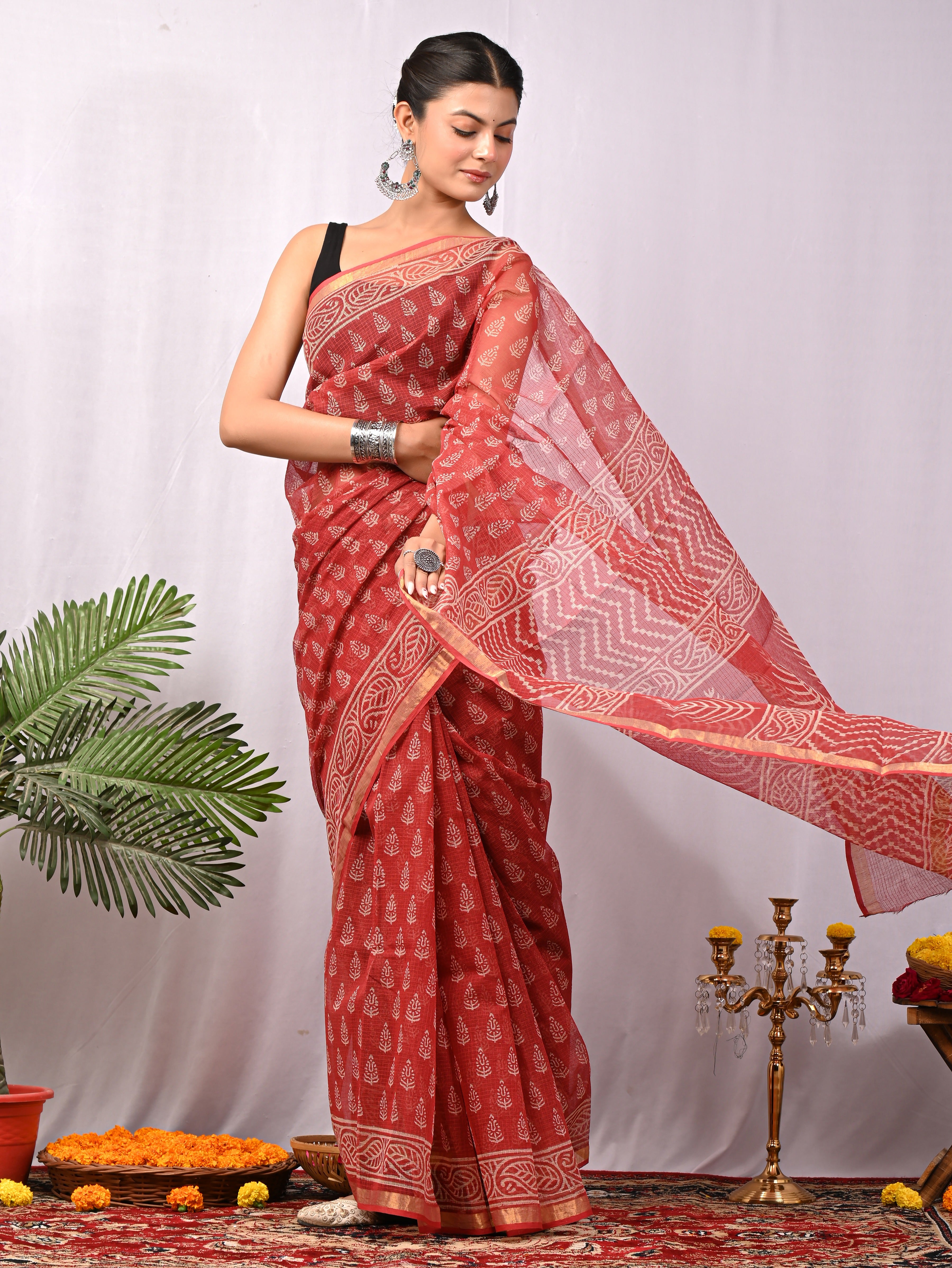 Hand-Printed Kota Doria Saree - Brick Red Cotton Silk