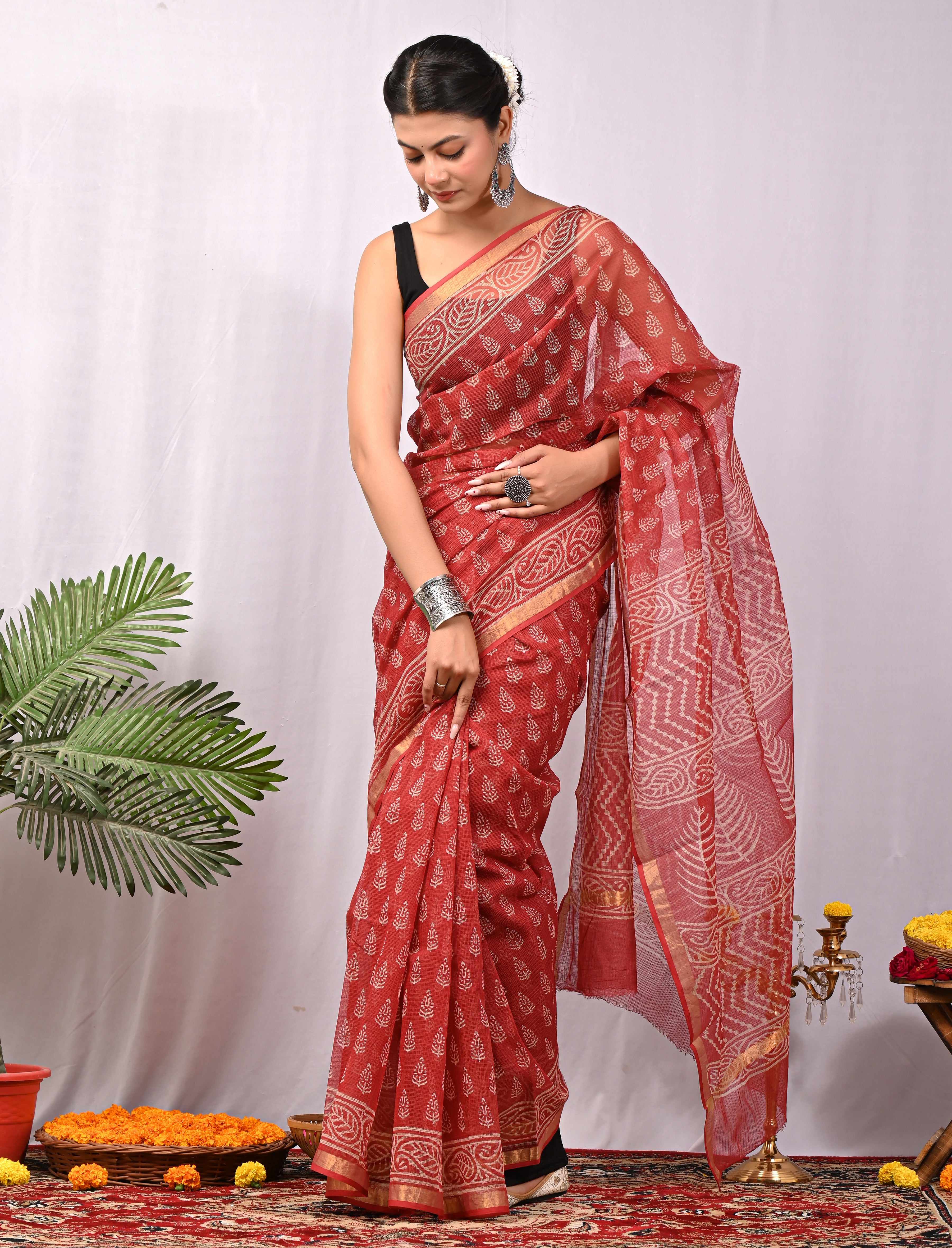 Hand-Printed Kota Doria Saree - Brick Red Cotton Silk