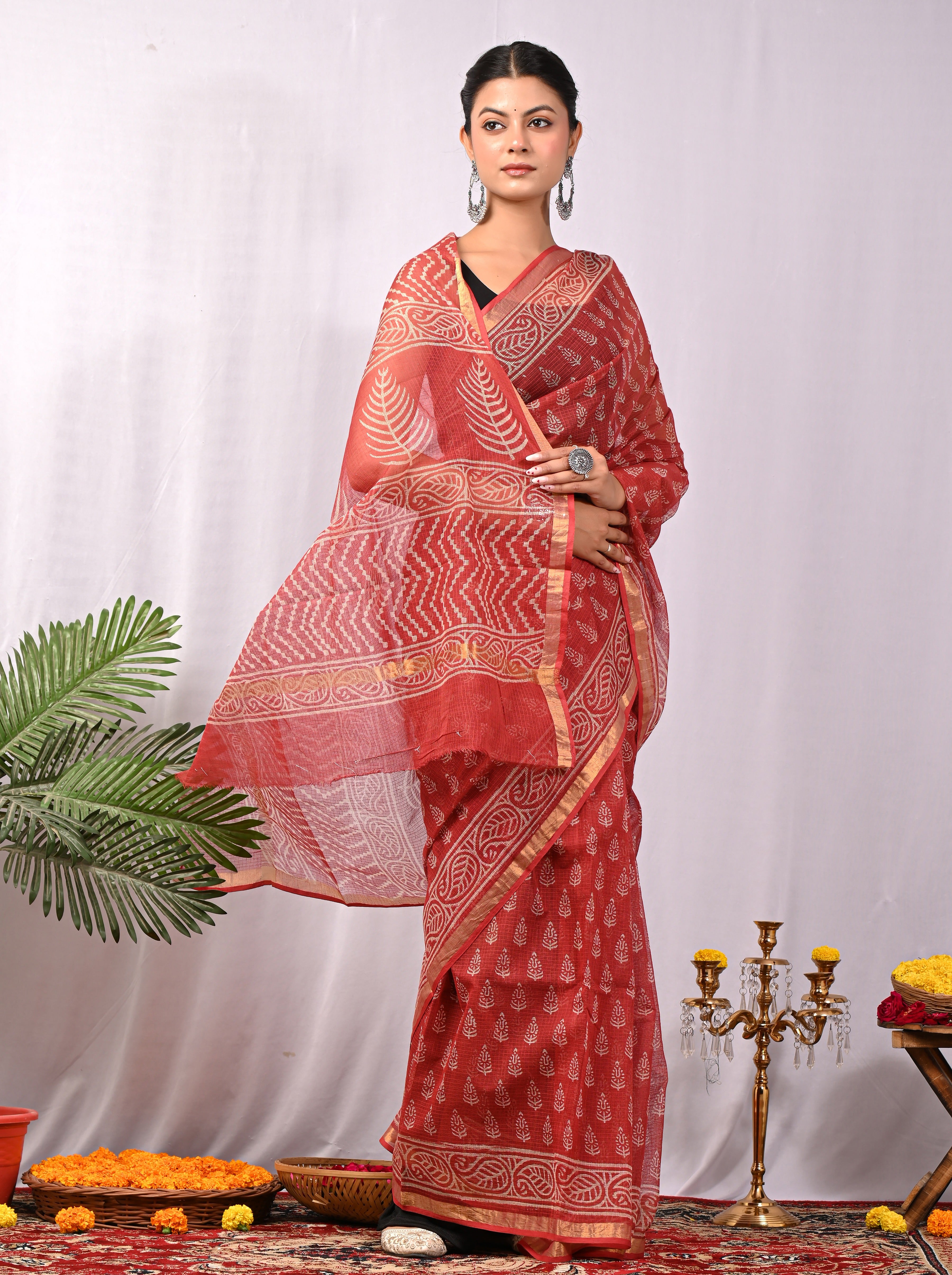 Hand-Printed Kota Doria Saree - Brick Red Cotton Silk