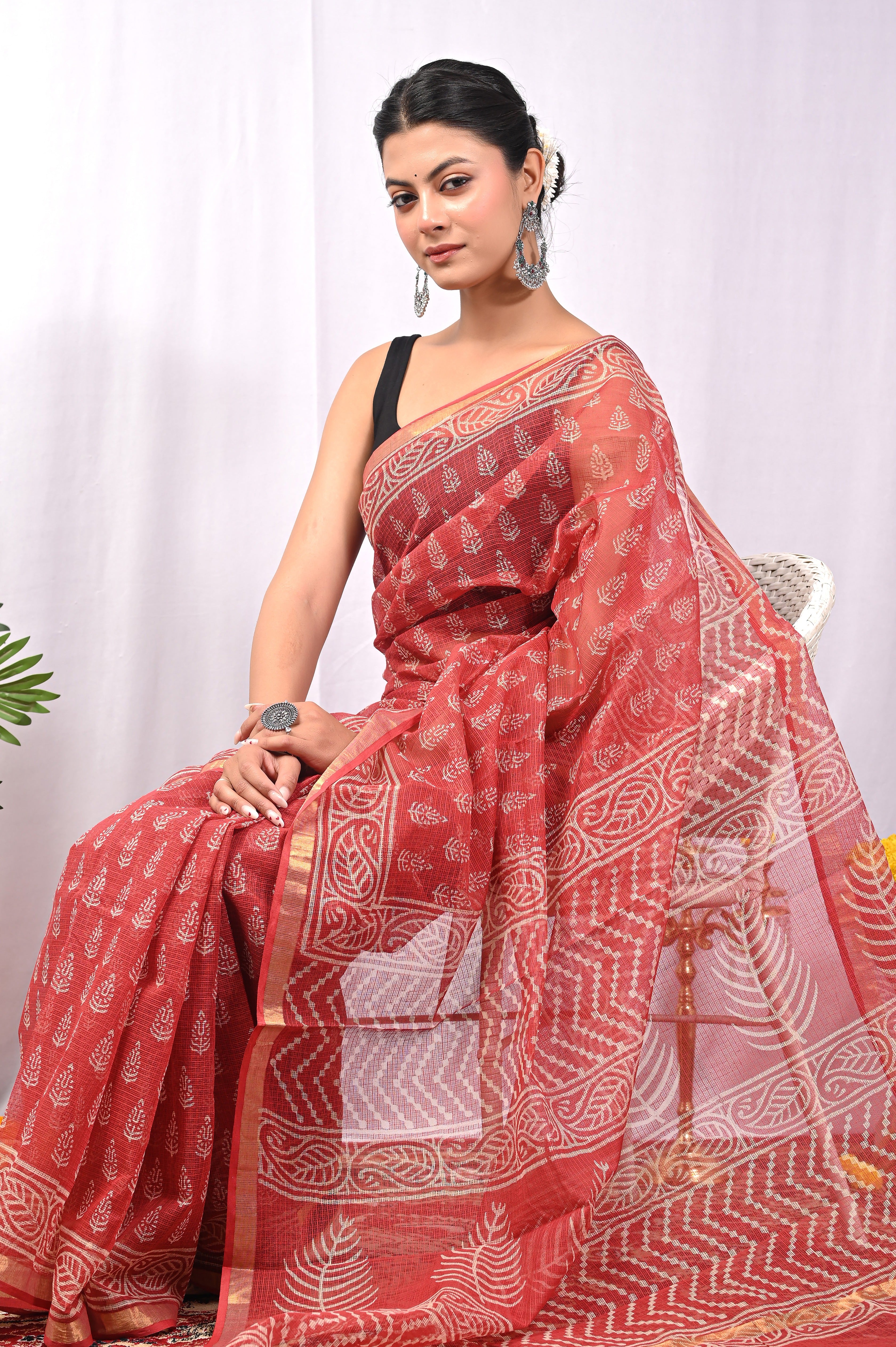 Hand-Printed Kota Doria Saree - Brick Red Cotton Silk