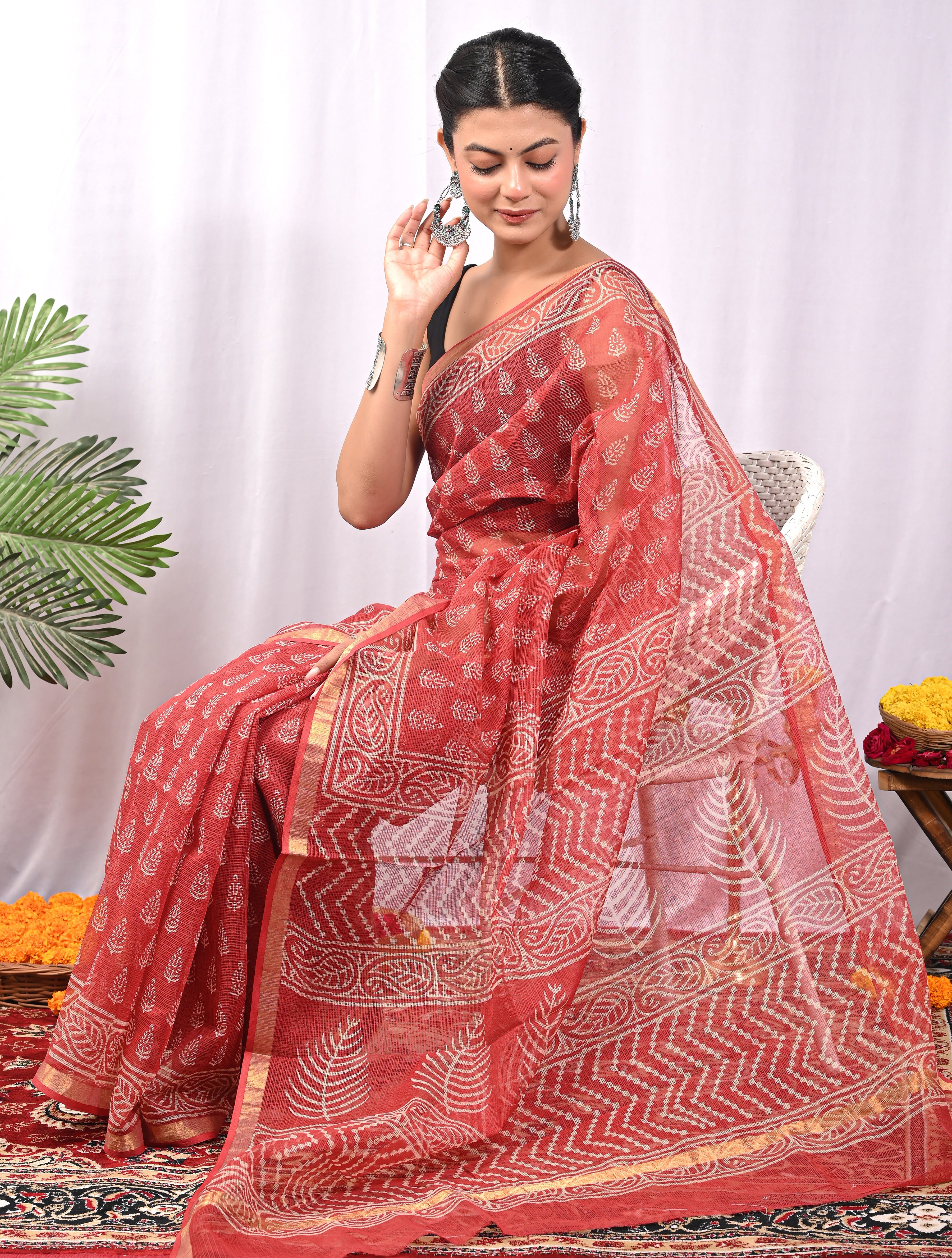 Hand-Printed Kota Doria Saree - Brick Red Cotton Silk