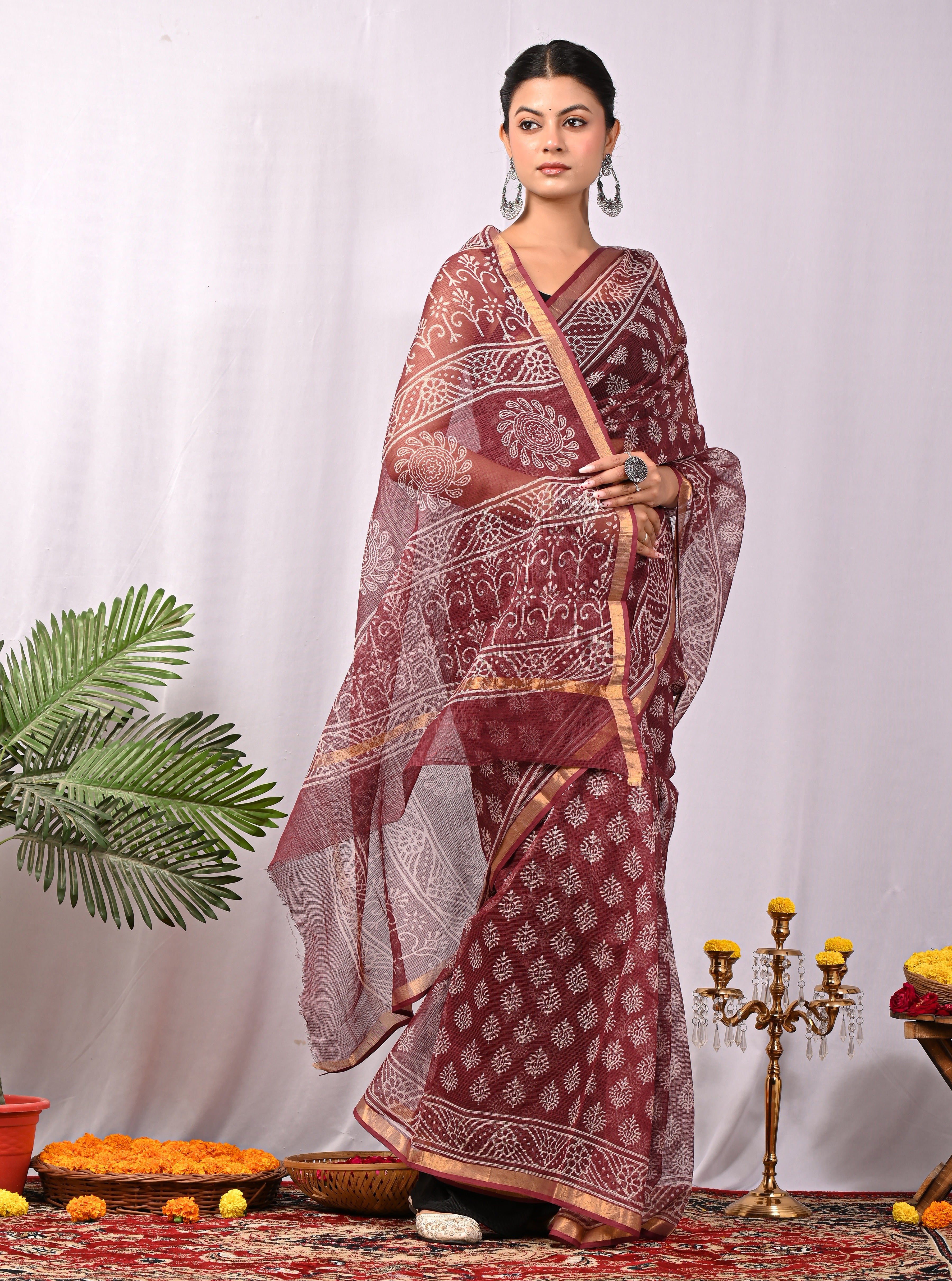 Hand-Printed Kota Doria Saree - Wine Maroon Cotton Silk
