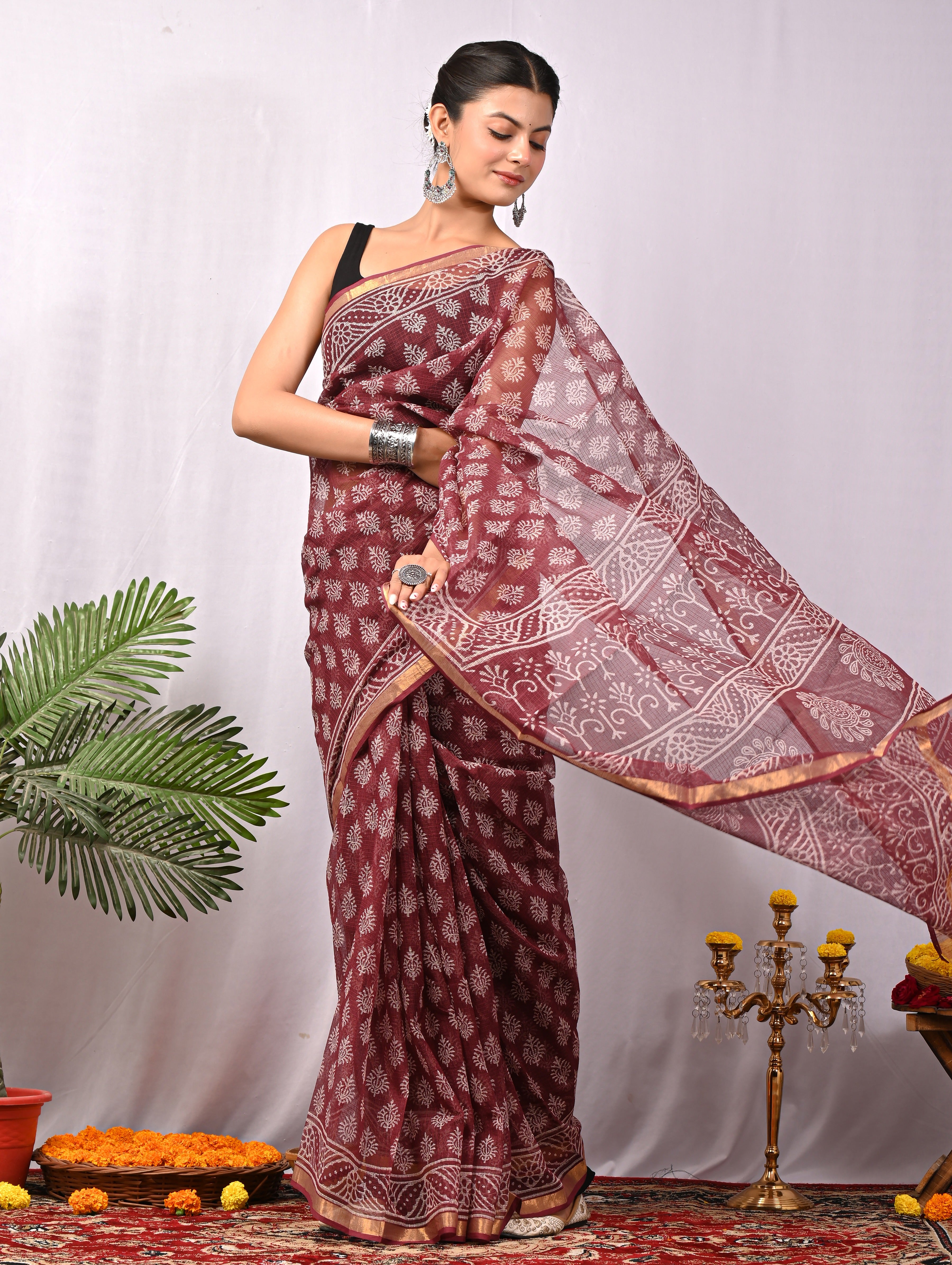 Hand-Printed Kota Doria Saree - Wine Maroon Cotton Silk