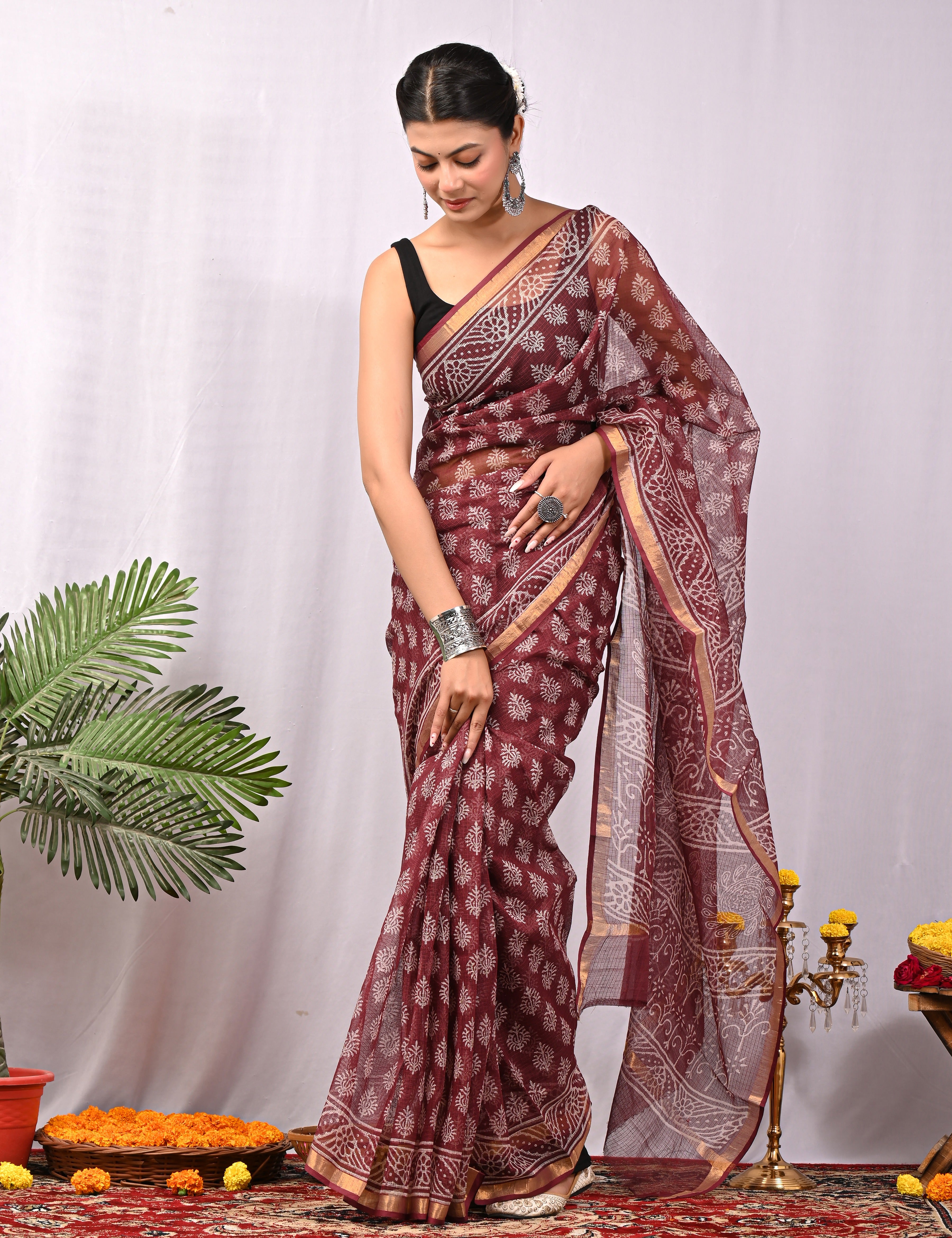 Hand-Printed Kota Doria Saree - Wine Maroon Cotton Silk