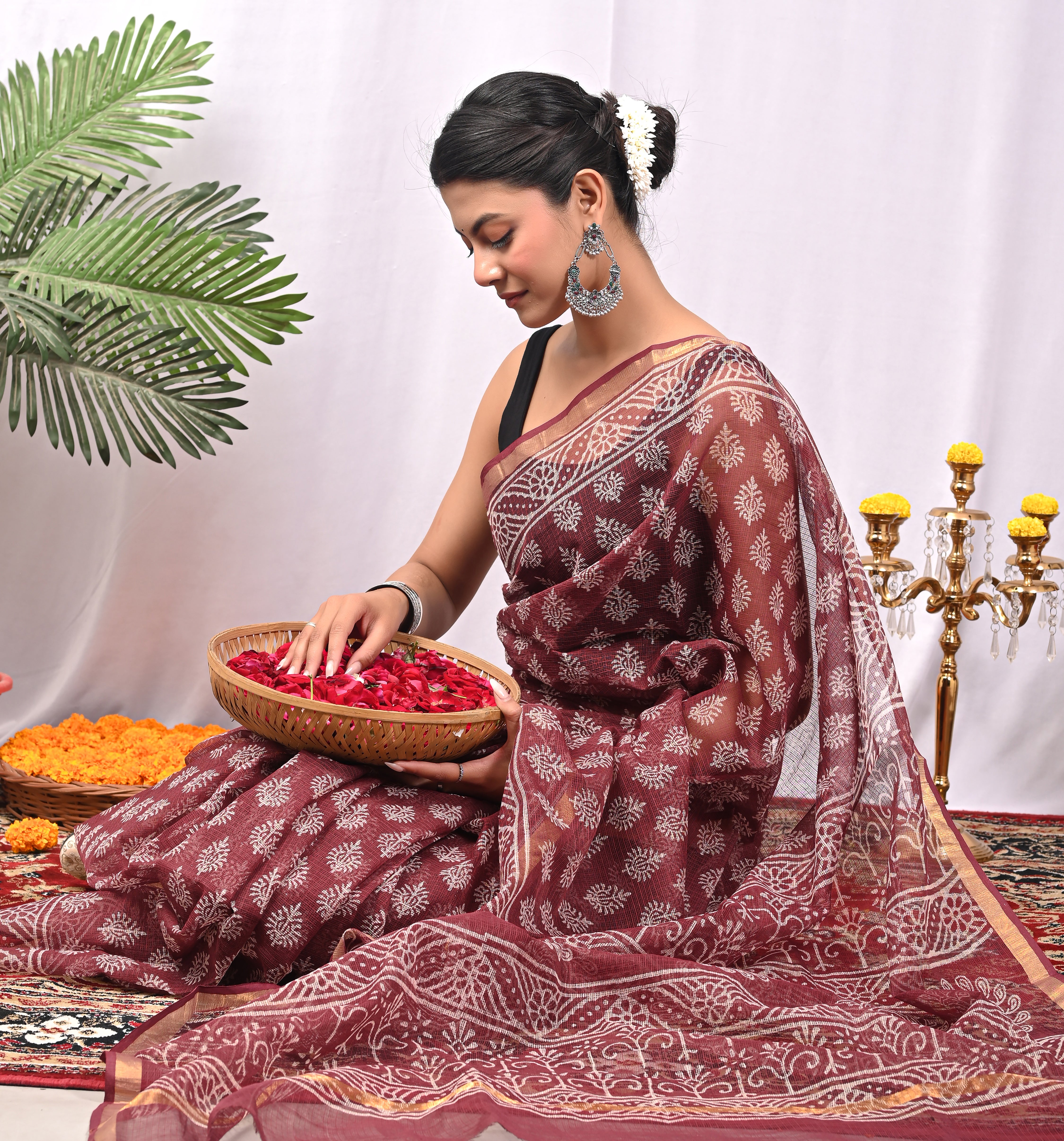 Hand-Printed Kota Doria Saree - Wine Maroon Cotton Silk