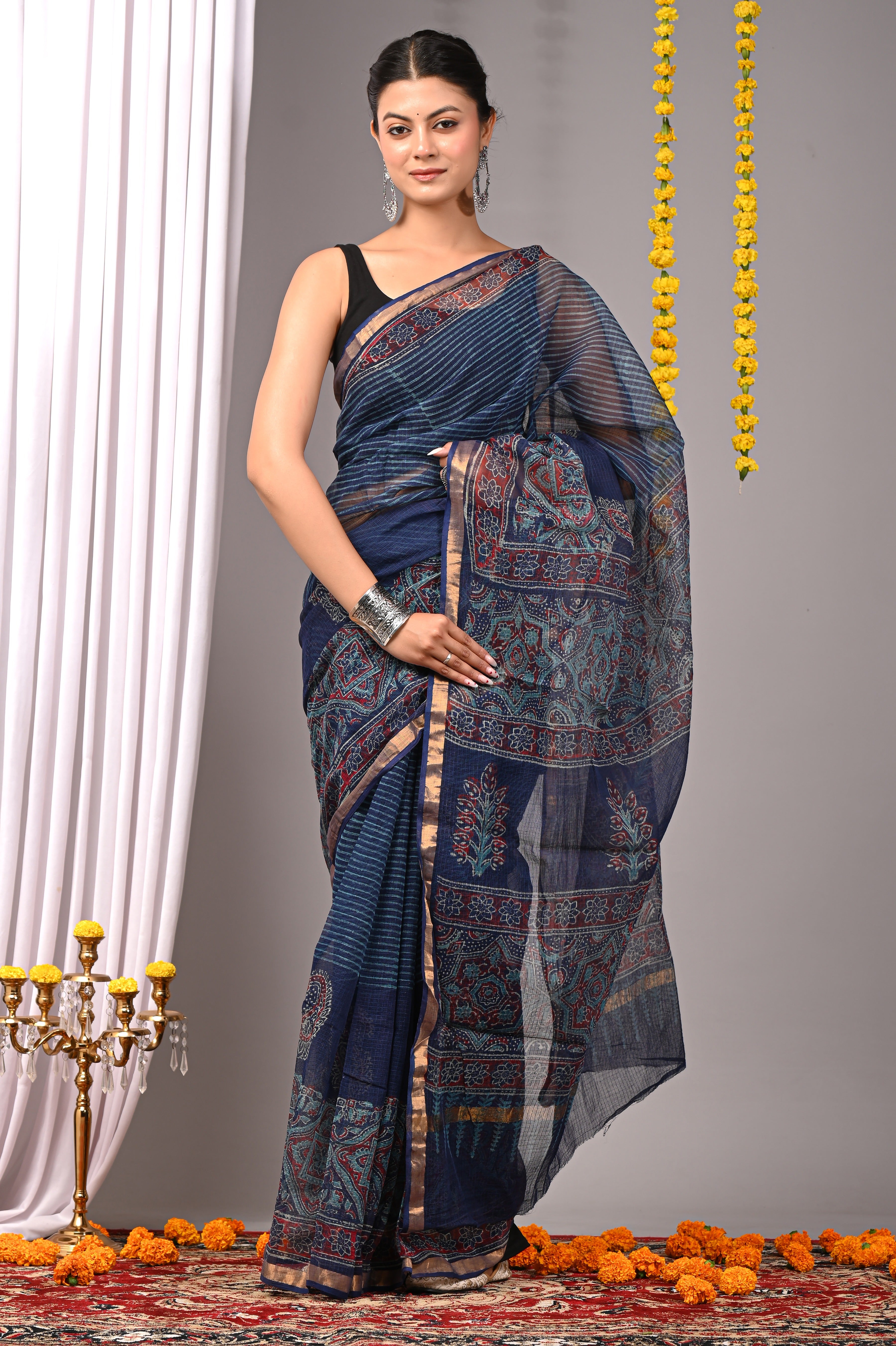 Hand-Printed Kota Doria Saree - Indigo Striped Cotton Silk