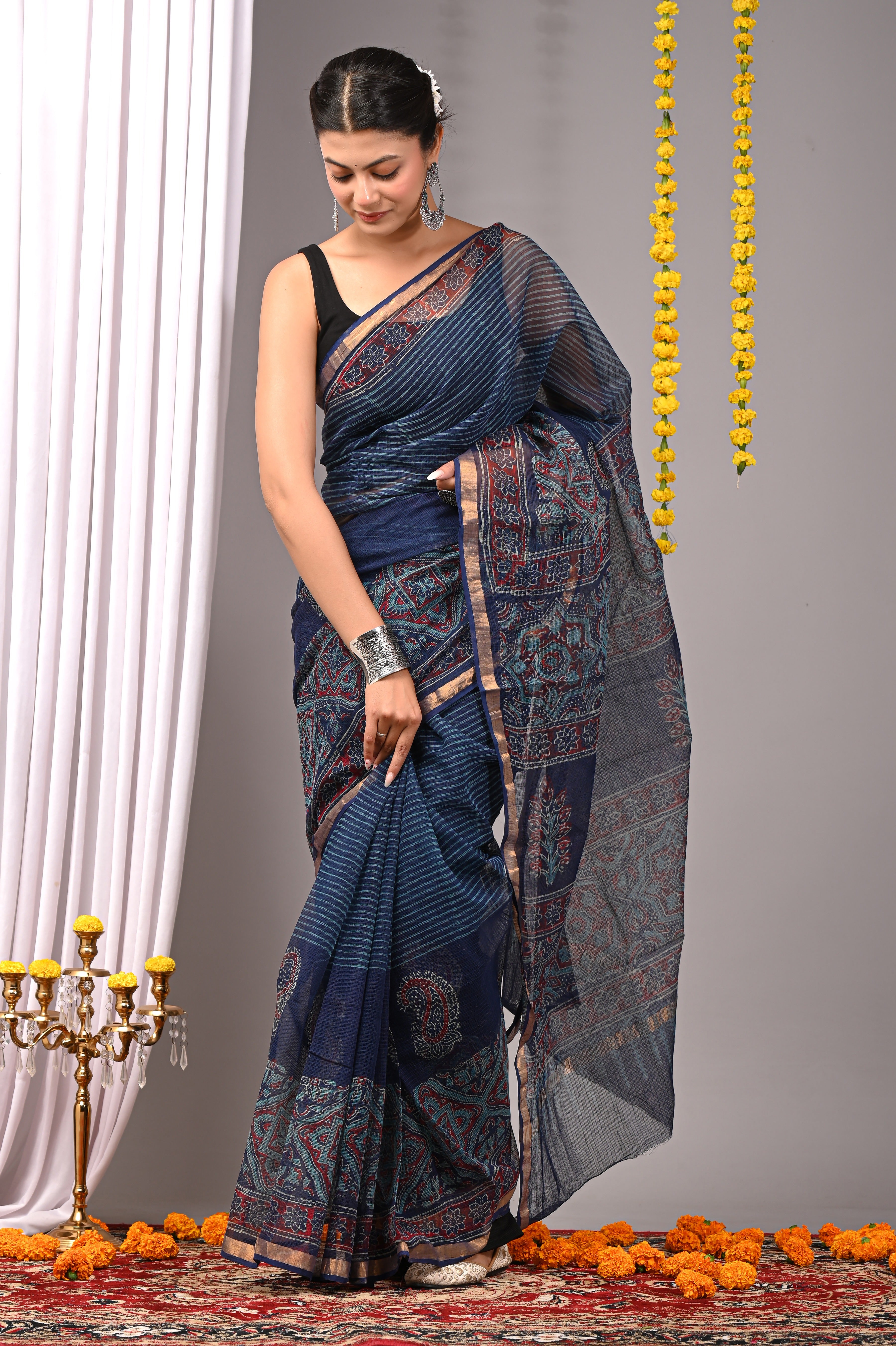Hand-Printed Kota Doria Saree - Indigo Striped Cotton Silk