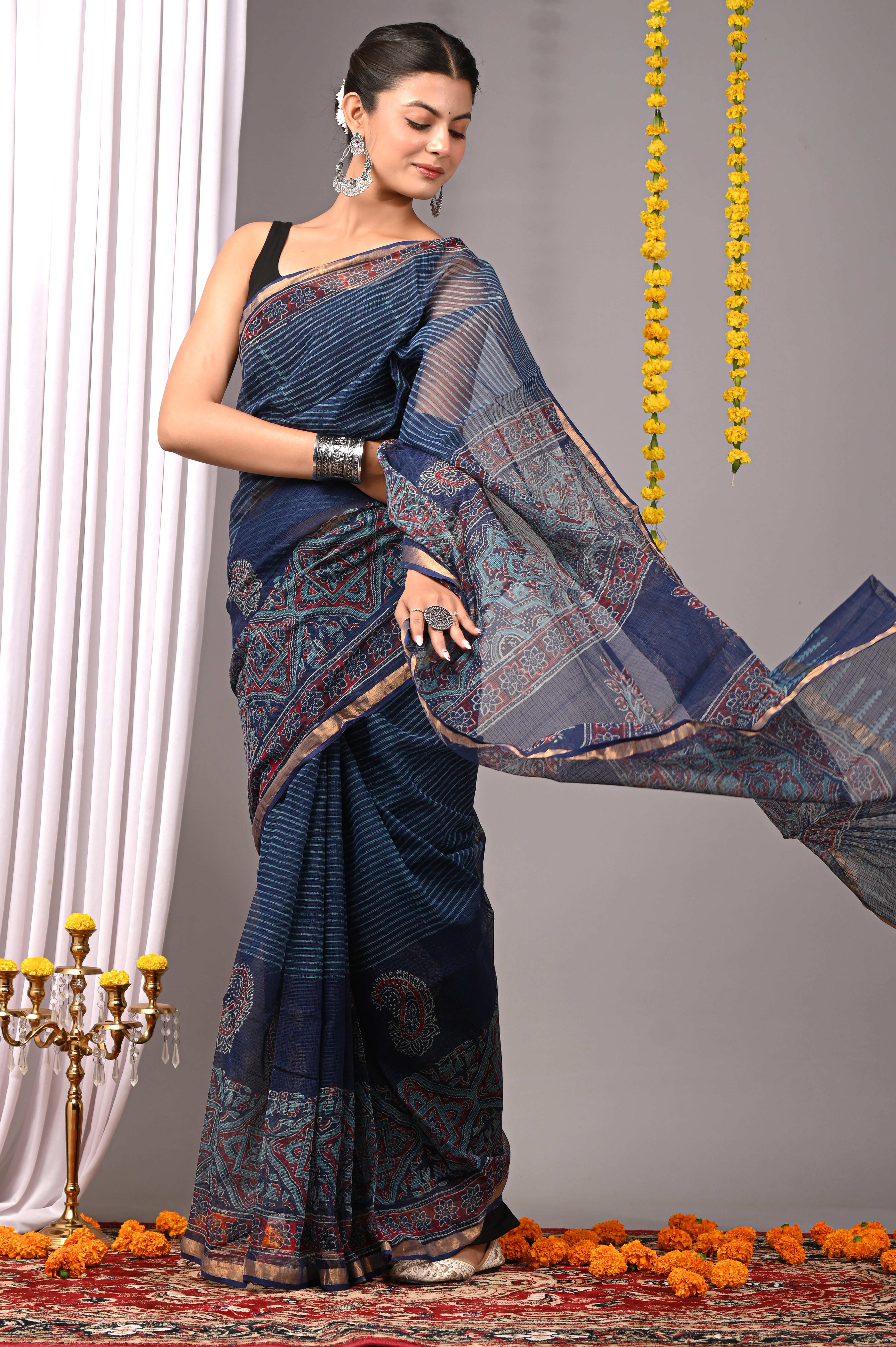 Hand-Printed Kota Doria Saree - Indigo Striped Cotton Silk