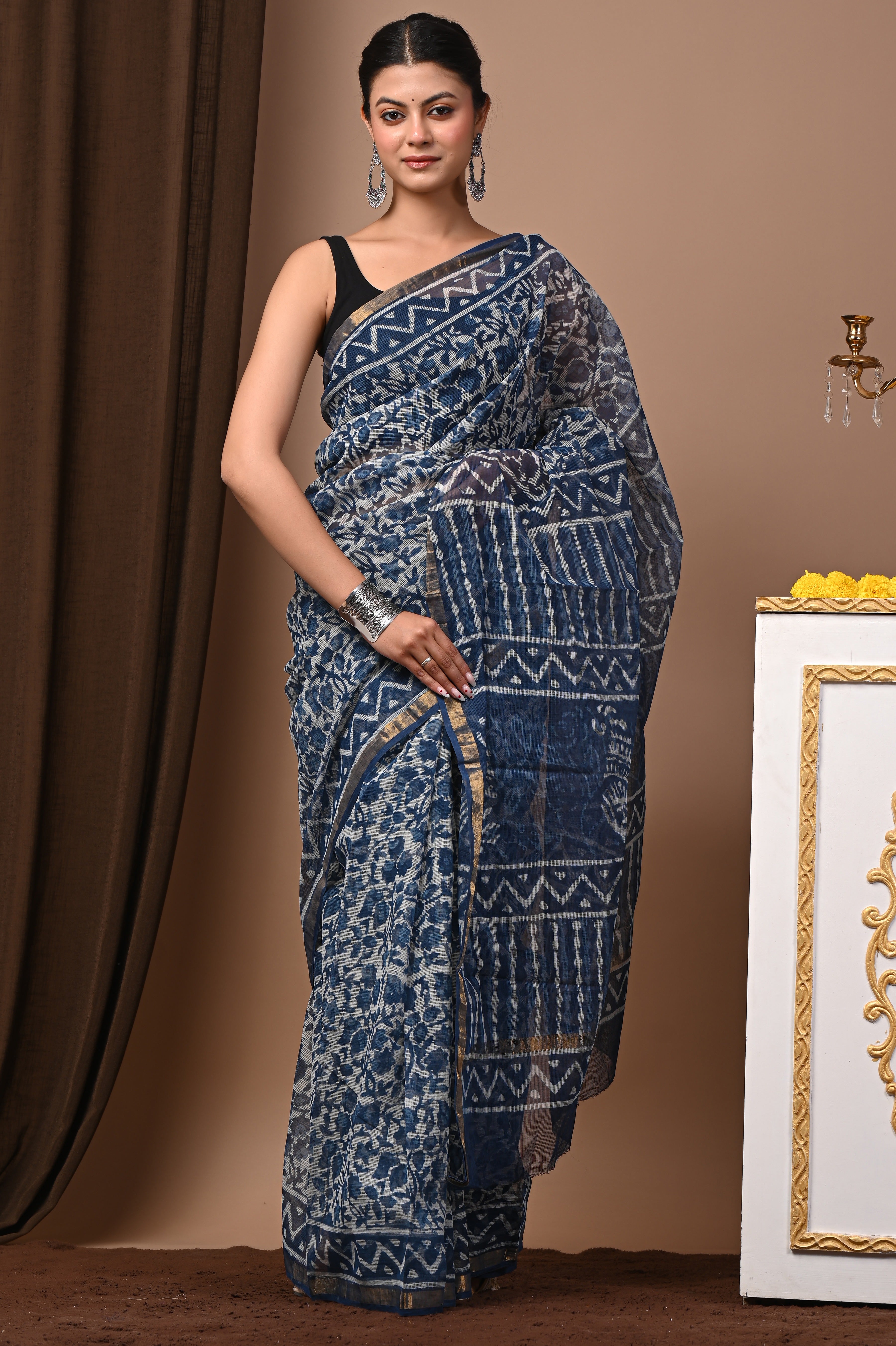Hand-Printed Kota Doria Saree - Indigo Abstract Cotton Silk