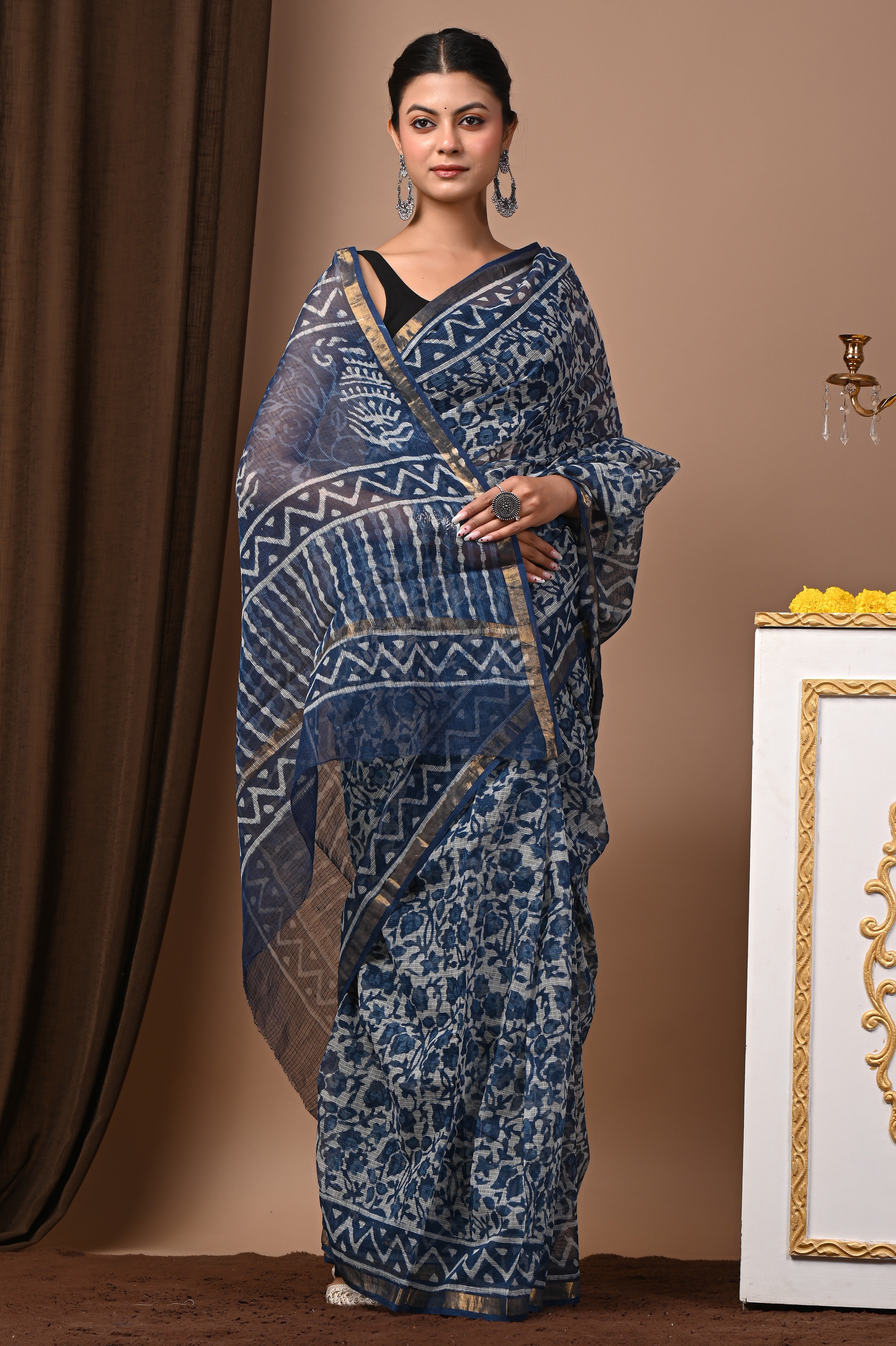 Hand-Printed Kota Doria Saree - Indigo Abstract Cotton Silk