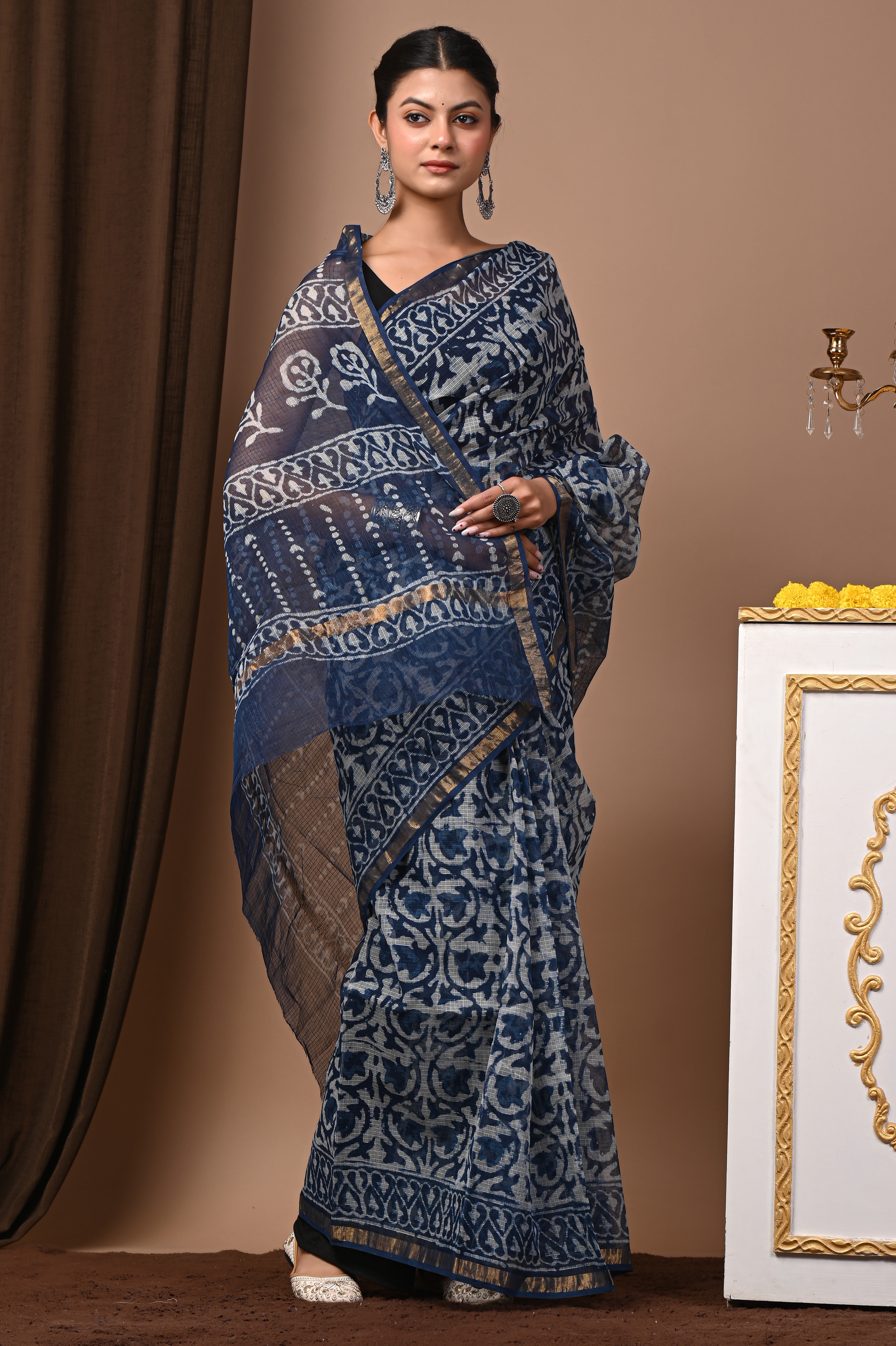 Hand-Printed Kota Doria Saree - Indigo Abstract Cotton Silk